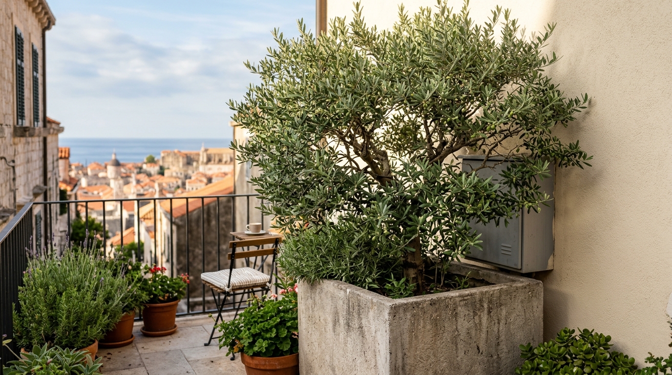 A tall, sculptural Olive tree in a weathered concrete pot, providing biophilic camouflage for a hidden utility box.