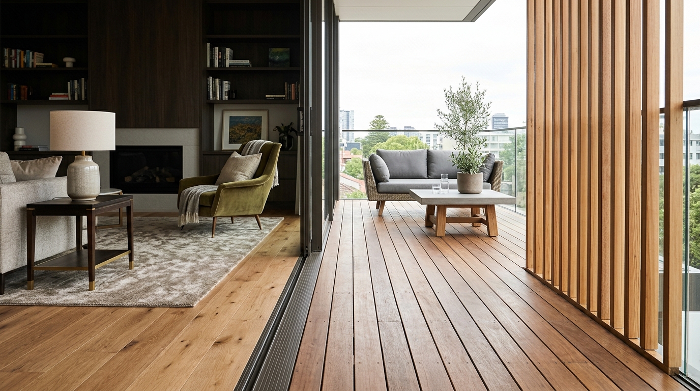Sightline view from an interior living room to a balcony, showing seamless material transition and aligned floor heights.