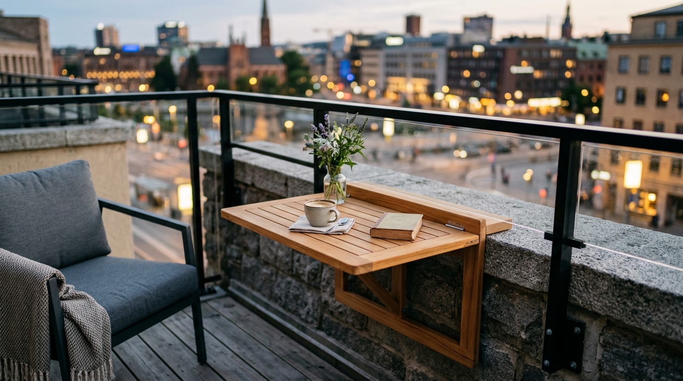Fold-down teak workstation on a small balcony, showing high-efficiency use of negative space.