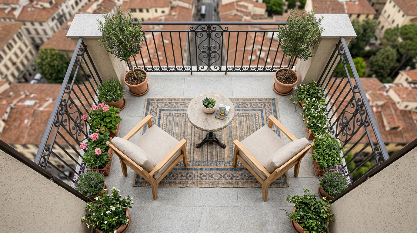 Top-down perspective of a curated balcony layout with a small outdoor rug, two chairs, and a central stone table.