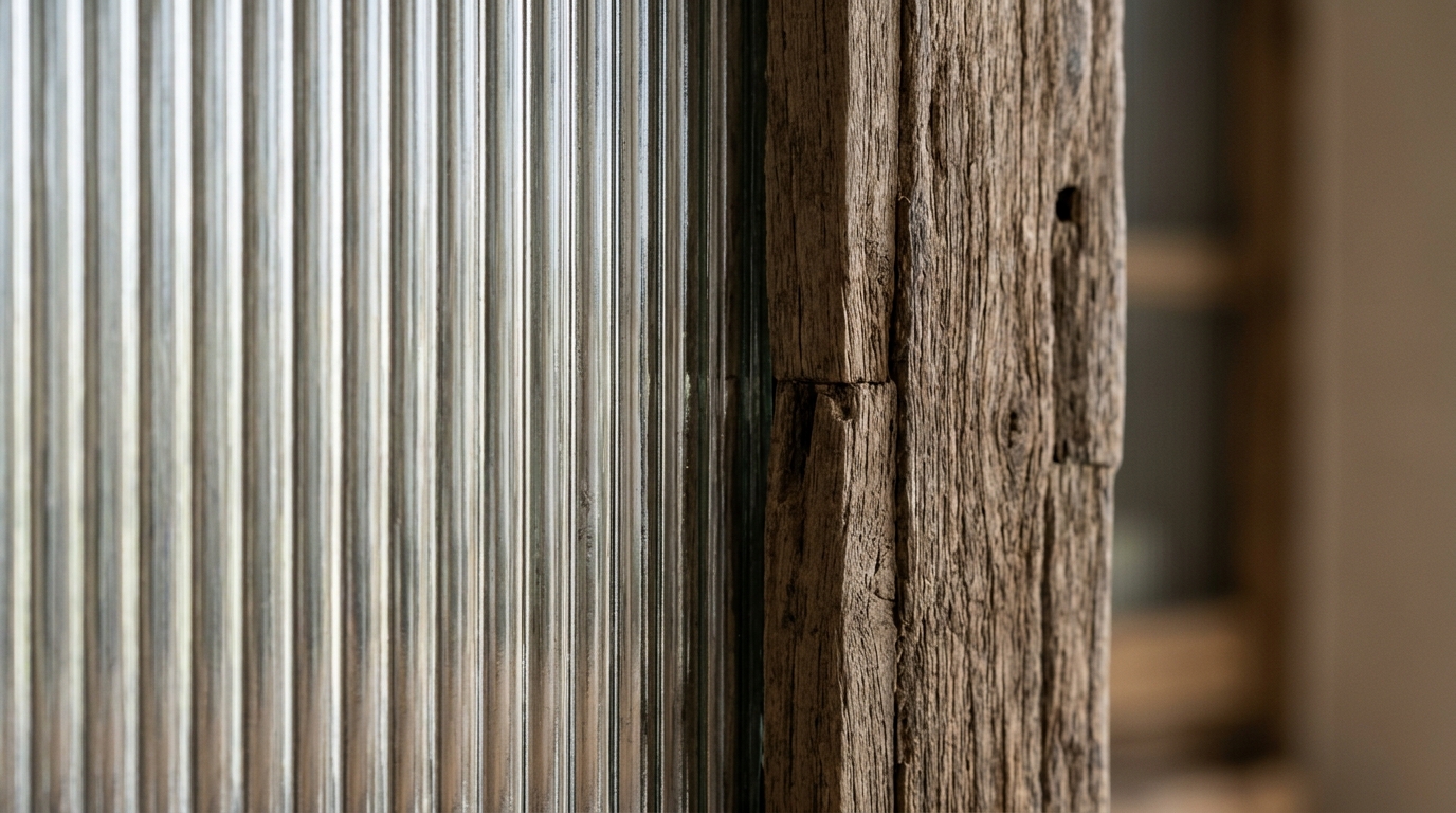 Macro detail of reeded glass cabinet doors and raw reclaimed teak wood grain under soft natural light.