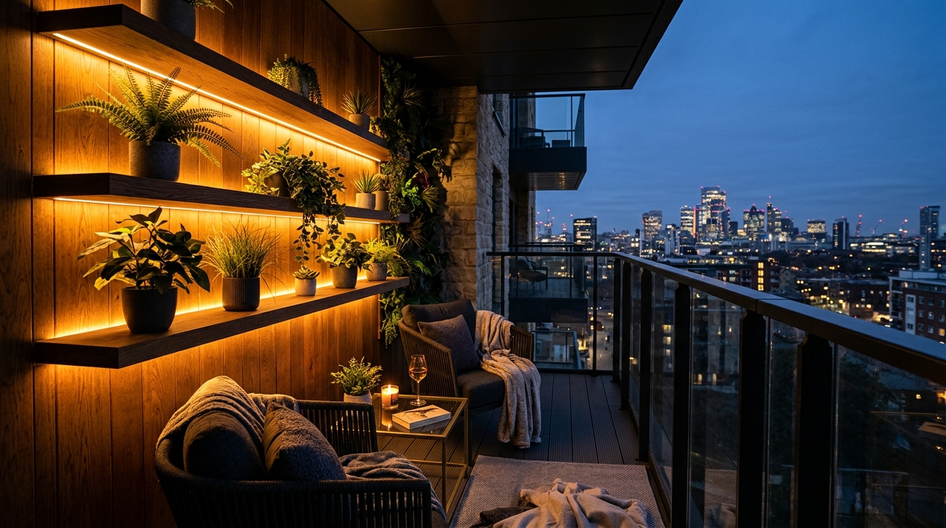 Evening shot of a balcony with 2700K warm LED strips integrated into timber shelving, casting an amber glow on biophilic elements.