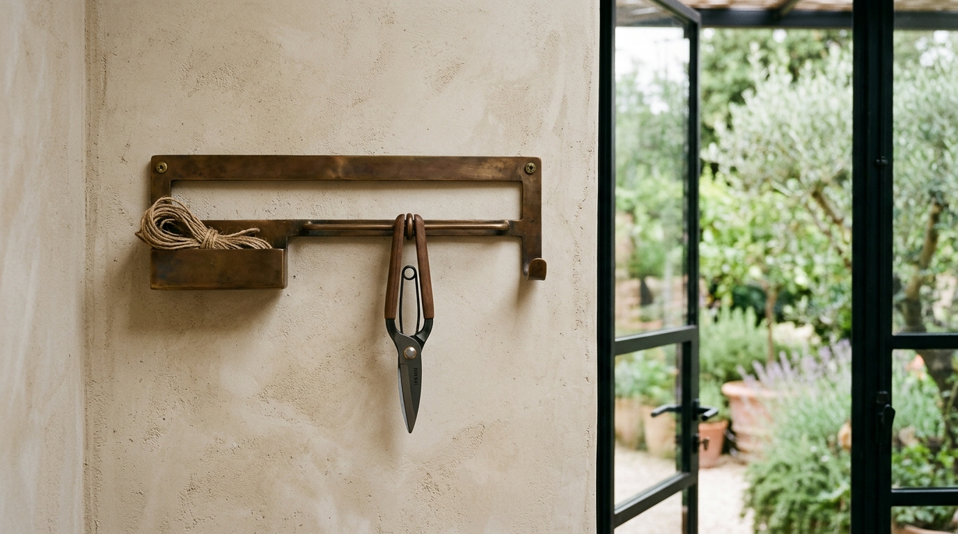 Slim wall-mounted balcony organizer in brushed bronze finish against a Swiss Coffee limewash wall with minimalist garden tools.