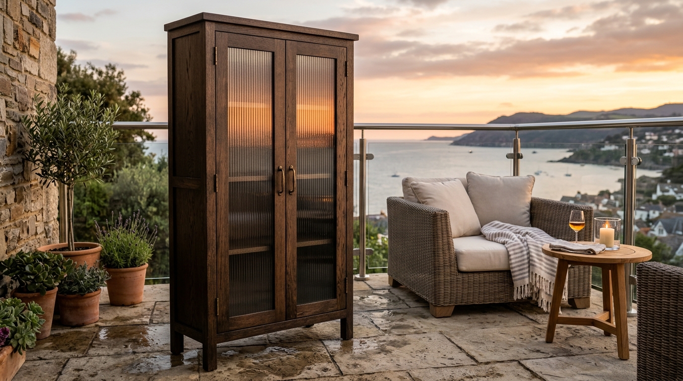 Waterproof vertical outdoor storage cabinet with reeded glass panels, reflecting a soft urban sunset.