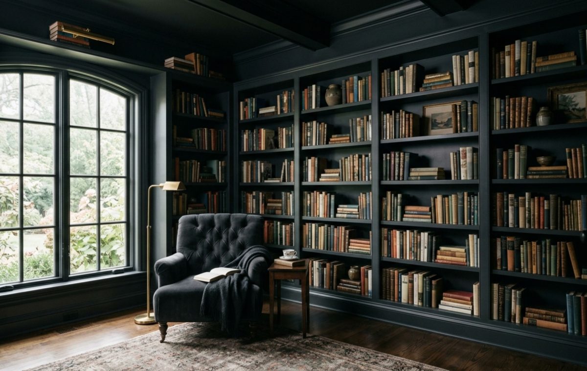 luxury home color drenching techniques applied to a moody library with deep charcoal walls and matching built-in shelving.