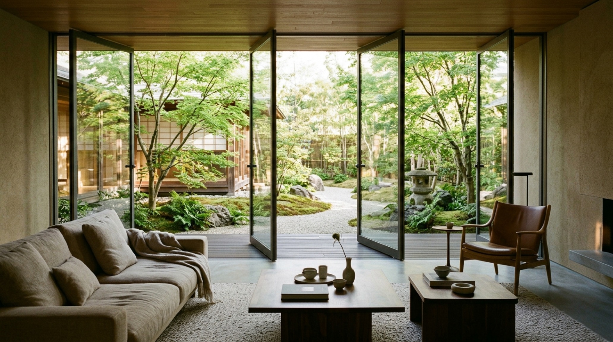 indoor-outdoor flow design principles using large-format glass pivot doors to connect a cozy lounge with a lush private courtyard.