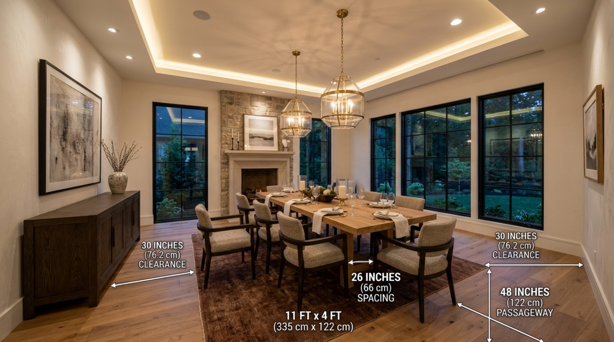 ergonomic furniture layout measurements in a contemporary dining room featuring 30-inch chair clearances and a low-slung pendant light.
