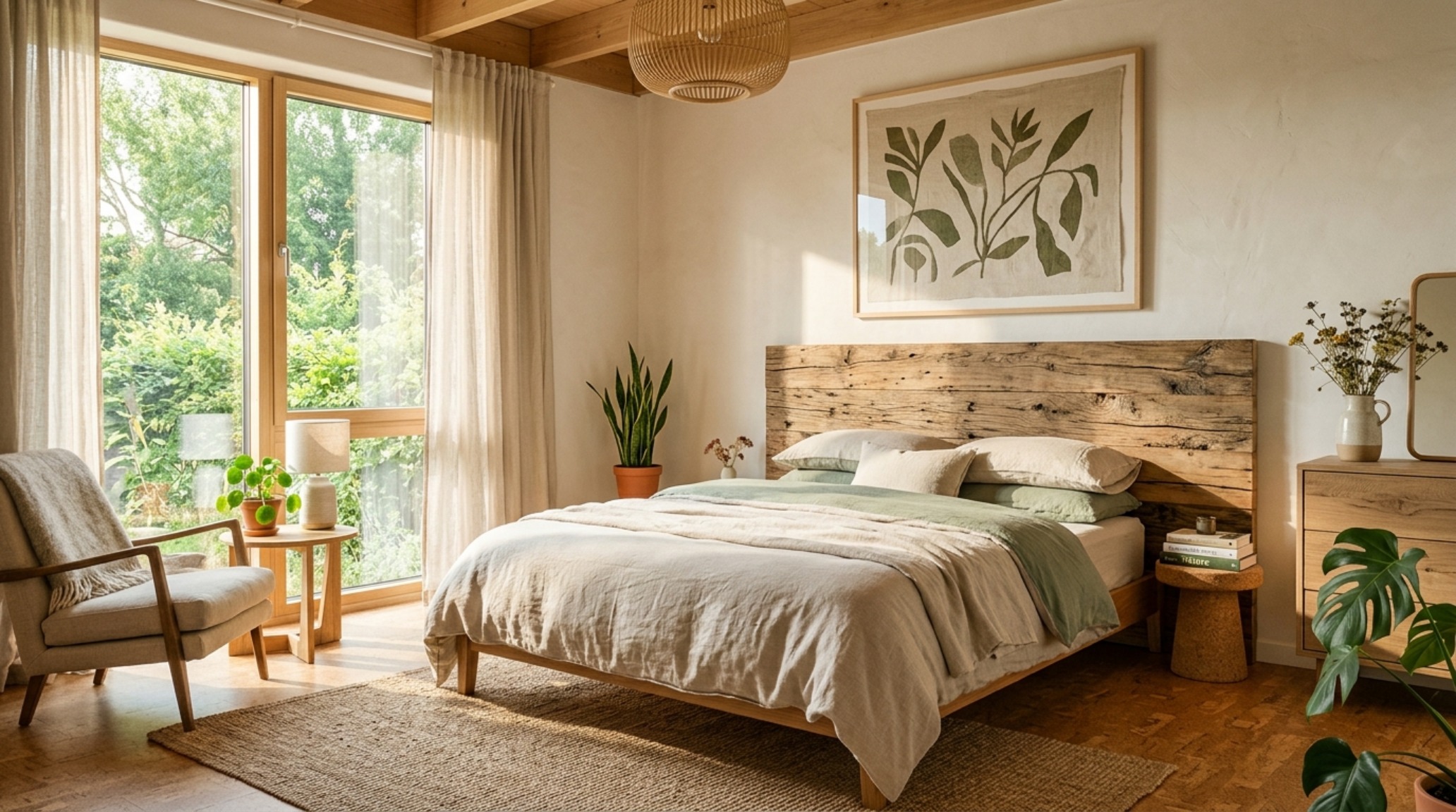 sustainable home renovation finishes including reclaimed white oak flooring and low-VOC natural clay wall treatments in a sunlit bedroom.