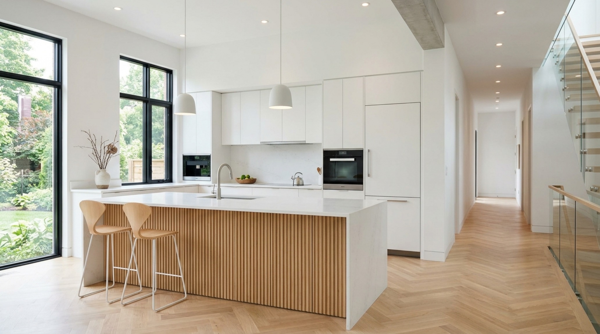 residential interior architecture guidelines demonstrating a 36-inch wide primary circulation path in an open-concept luxury kitchen.