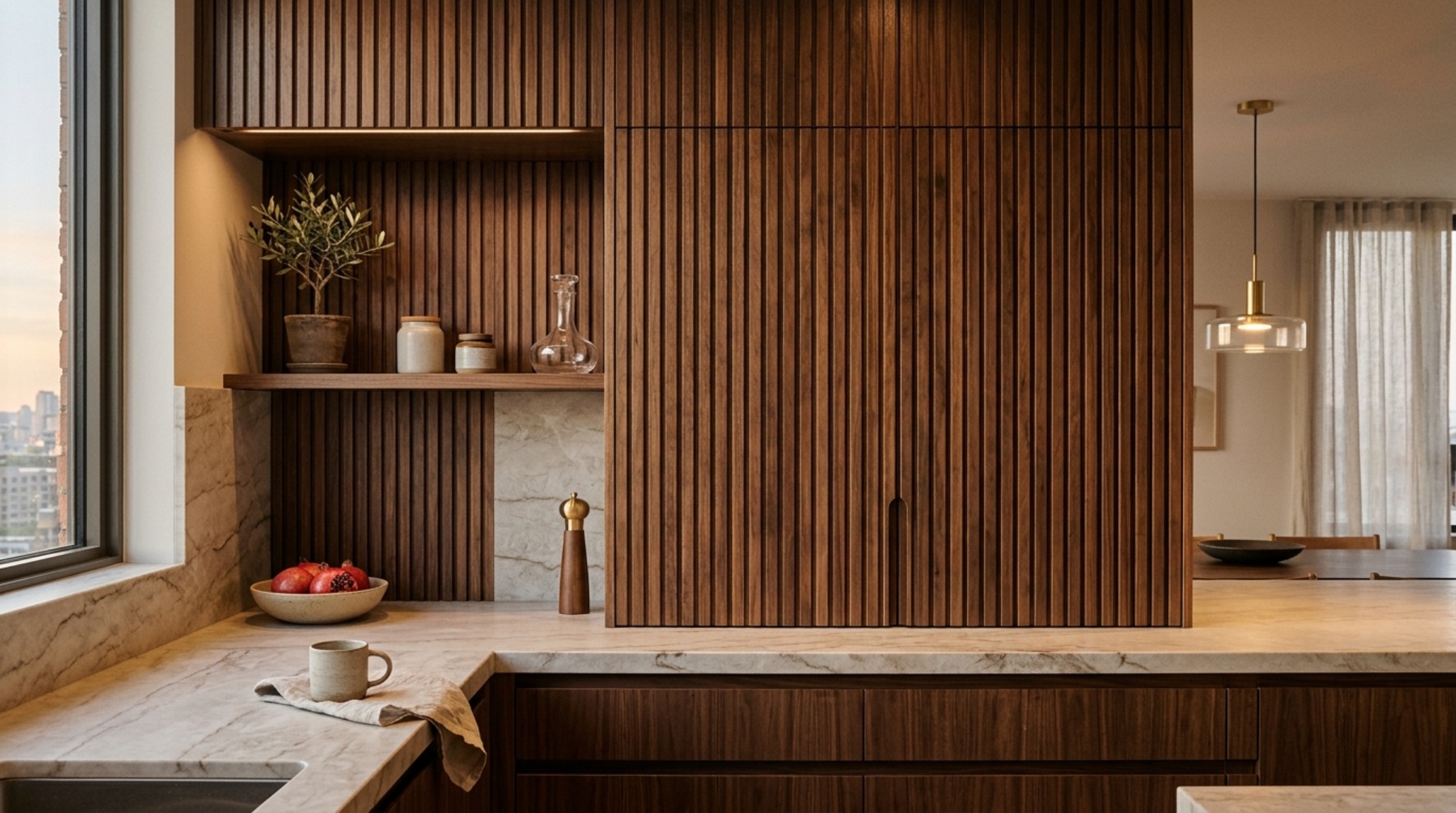 modern house interior trends 2025 highlighting fluted wood cabinetry and integrated brass hardware in a bespoke kitchen design.