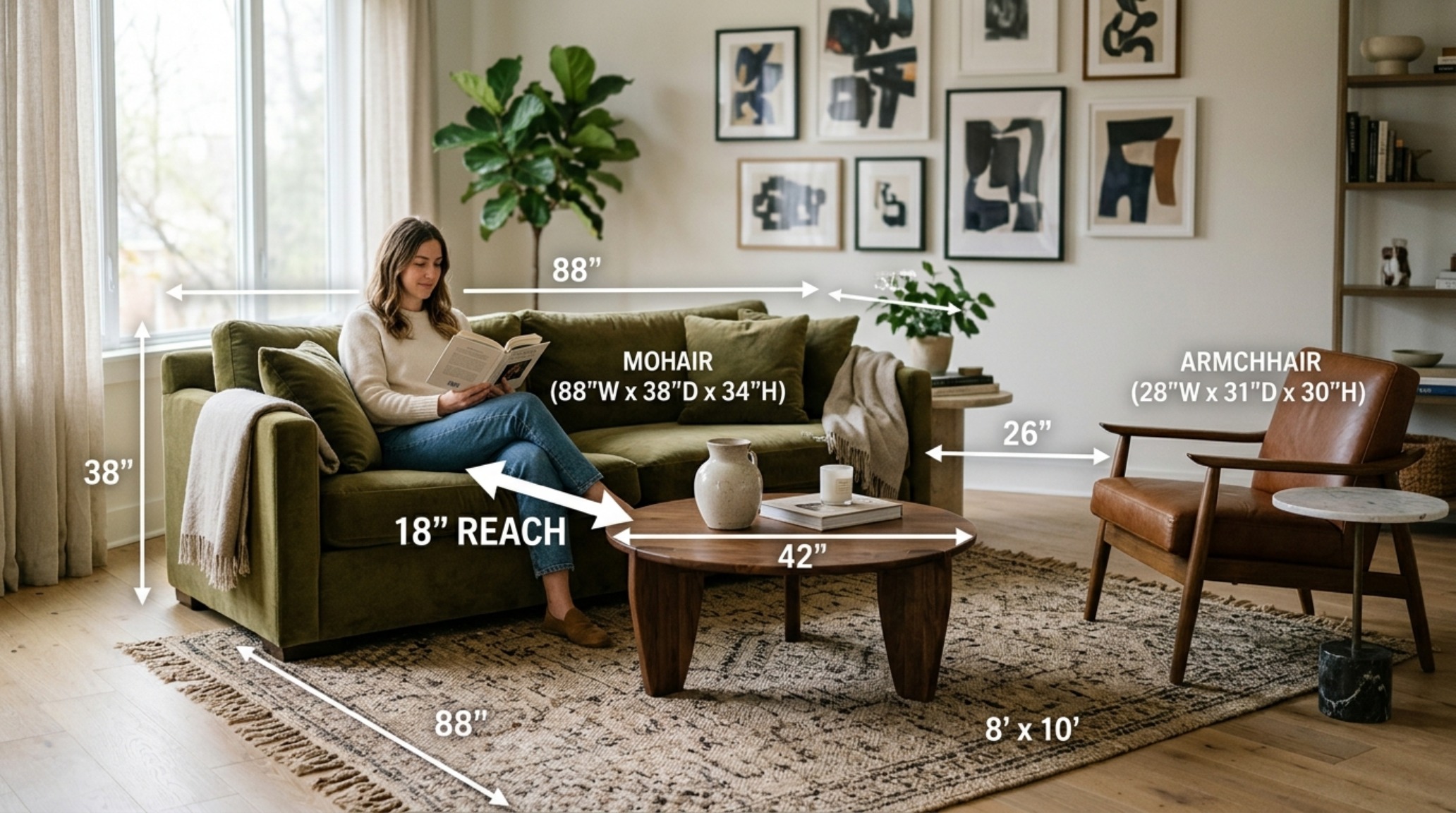 ergonomic furniture layout measurements showing the 18-inch distance between a velvet sofa and a sculptural travertine coffee table.