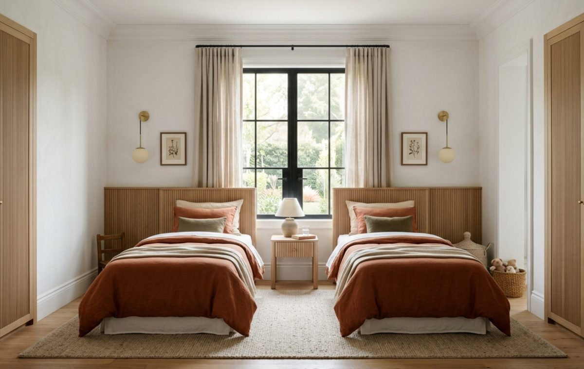 Shared bedroom solutions for sisters featuring symmetrical twin beds with terracotta linens and a custom fluted white oak divider in a naturally lit room.