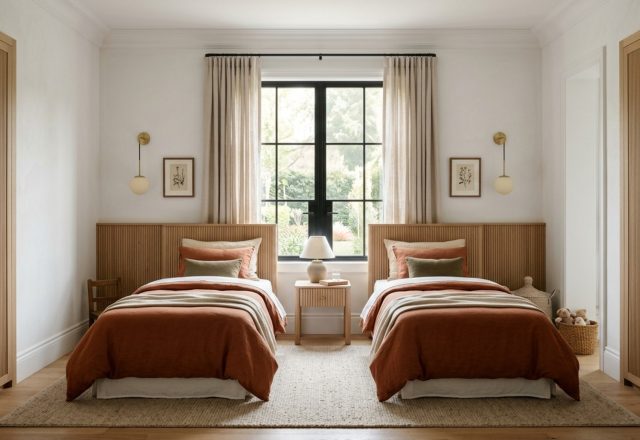 Shared bedroom solutions for sisters featuring symmetrical twin beds with terracotta linens and a custom fluted white oak divider in a naturally lit room.