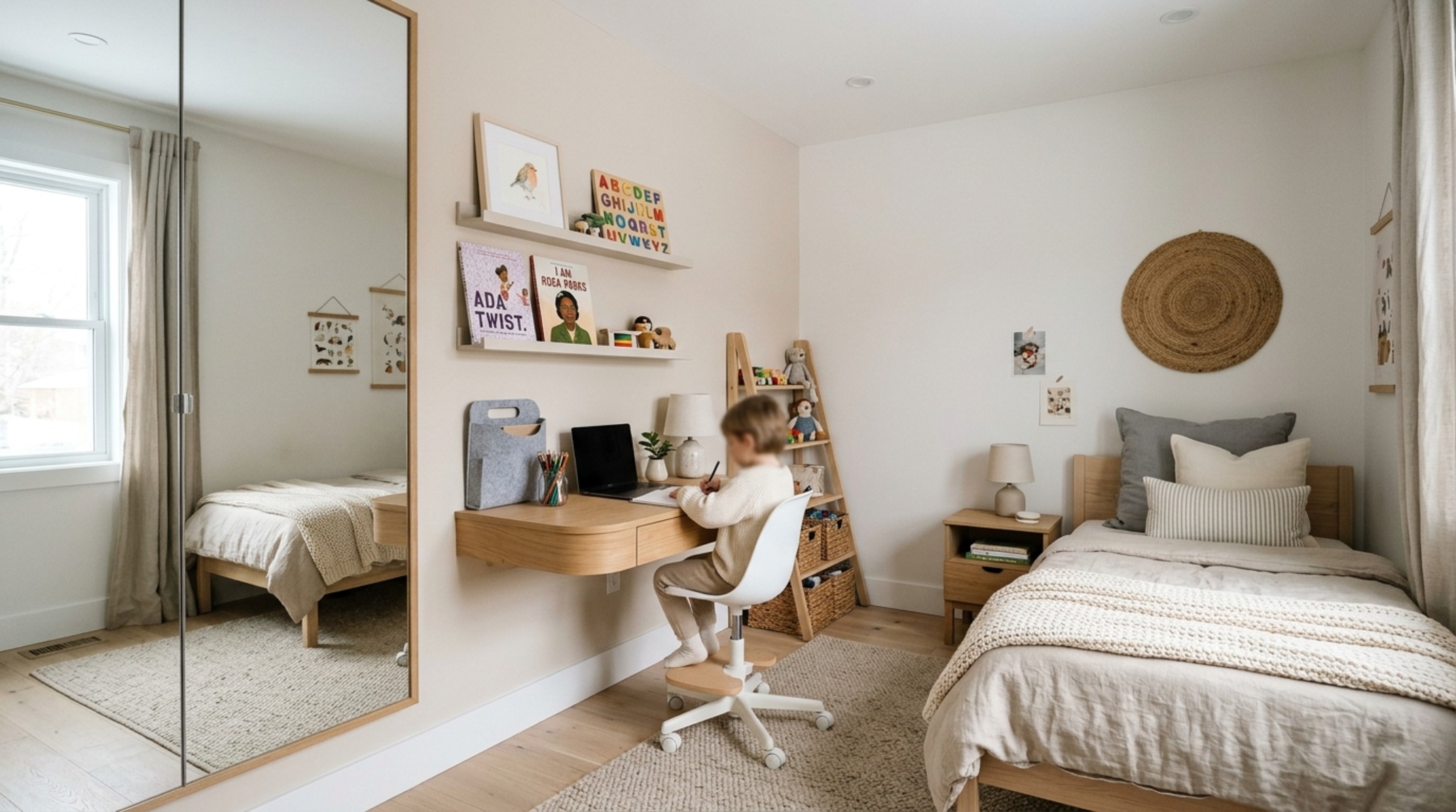Small room layout for girls featuring a 36-inch clear circulation path and multifunctional furniture in a contemporary apartment setting.