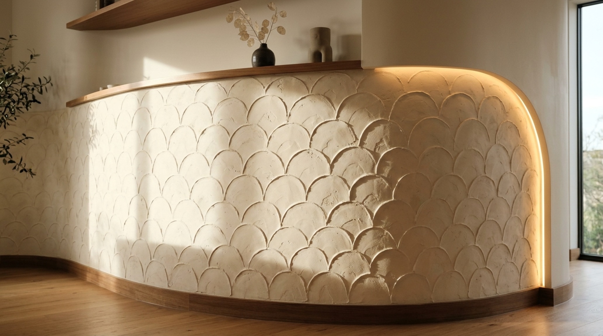 Modern whimsical wall treatments with hand-applied scalloped plaster textures and recessed LED cove lighting in a serene nursery.