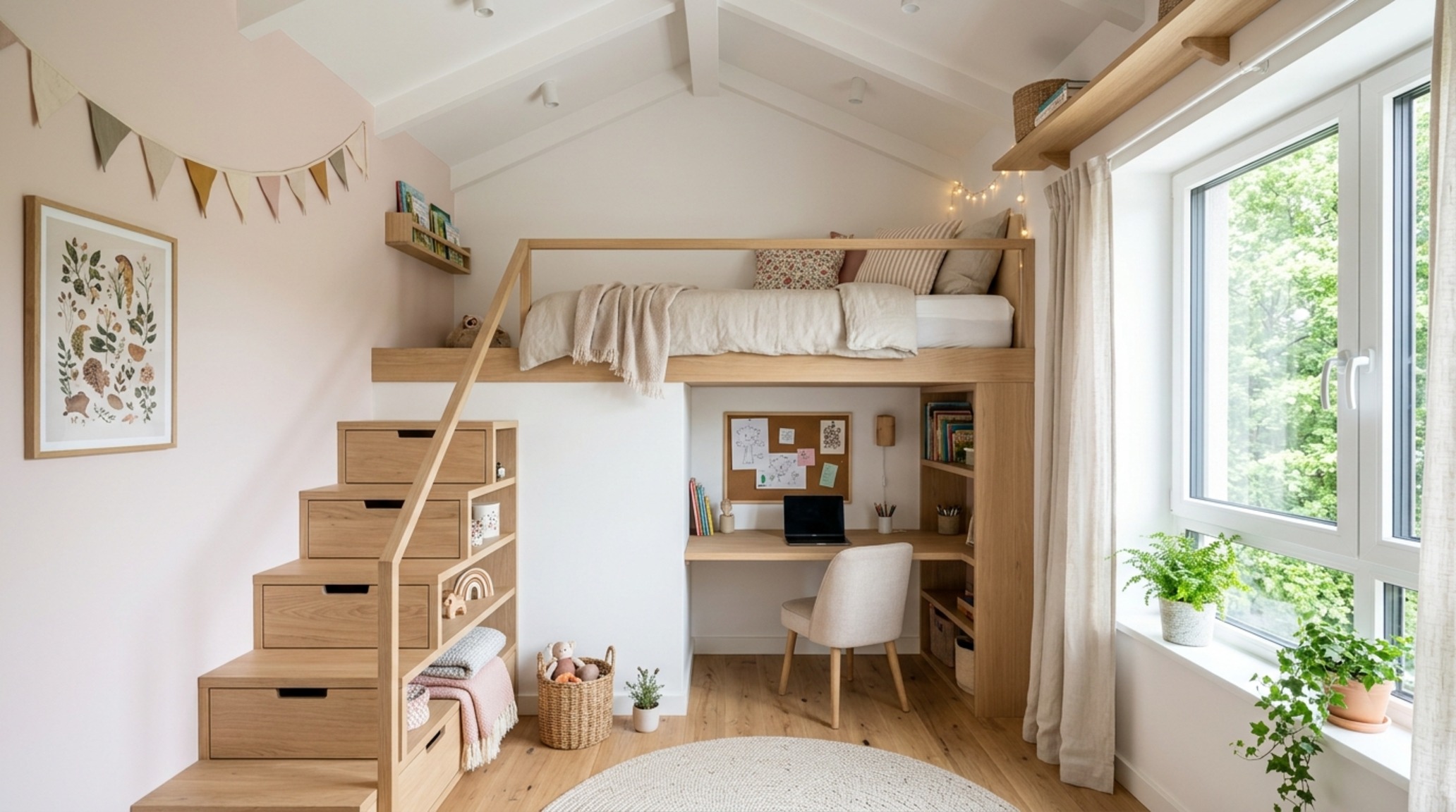 Small room layout for girls maximizing vertical space with a custom loft bed and integrated wardrobe in a light-filled attic corner.