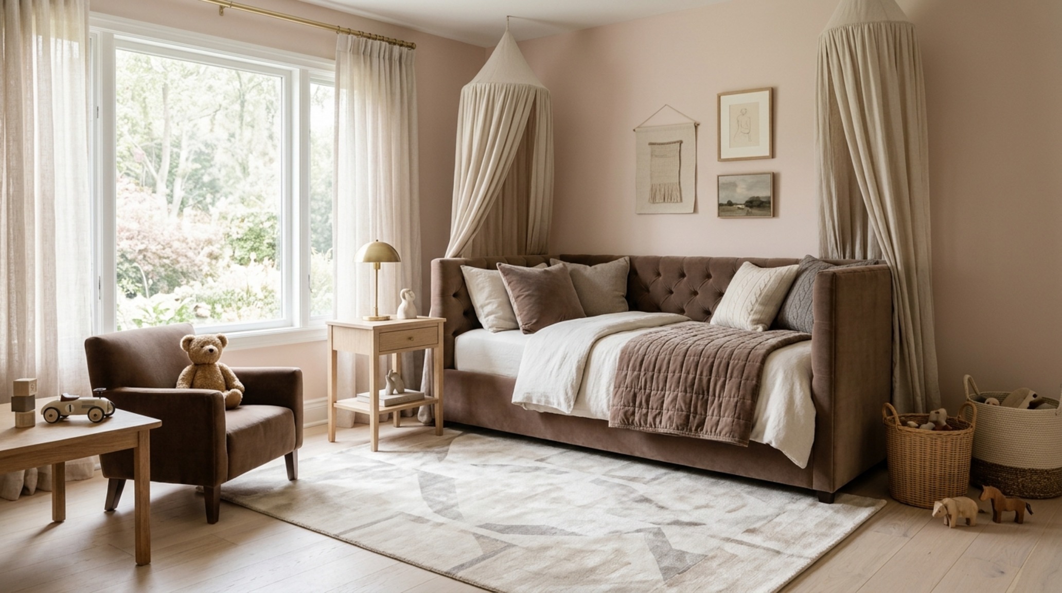 Quiet luxury kids room decor showcasing Mocha Mousse velvet headboards and Belgian linen drapes for a tactile sensory experience.