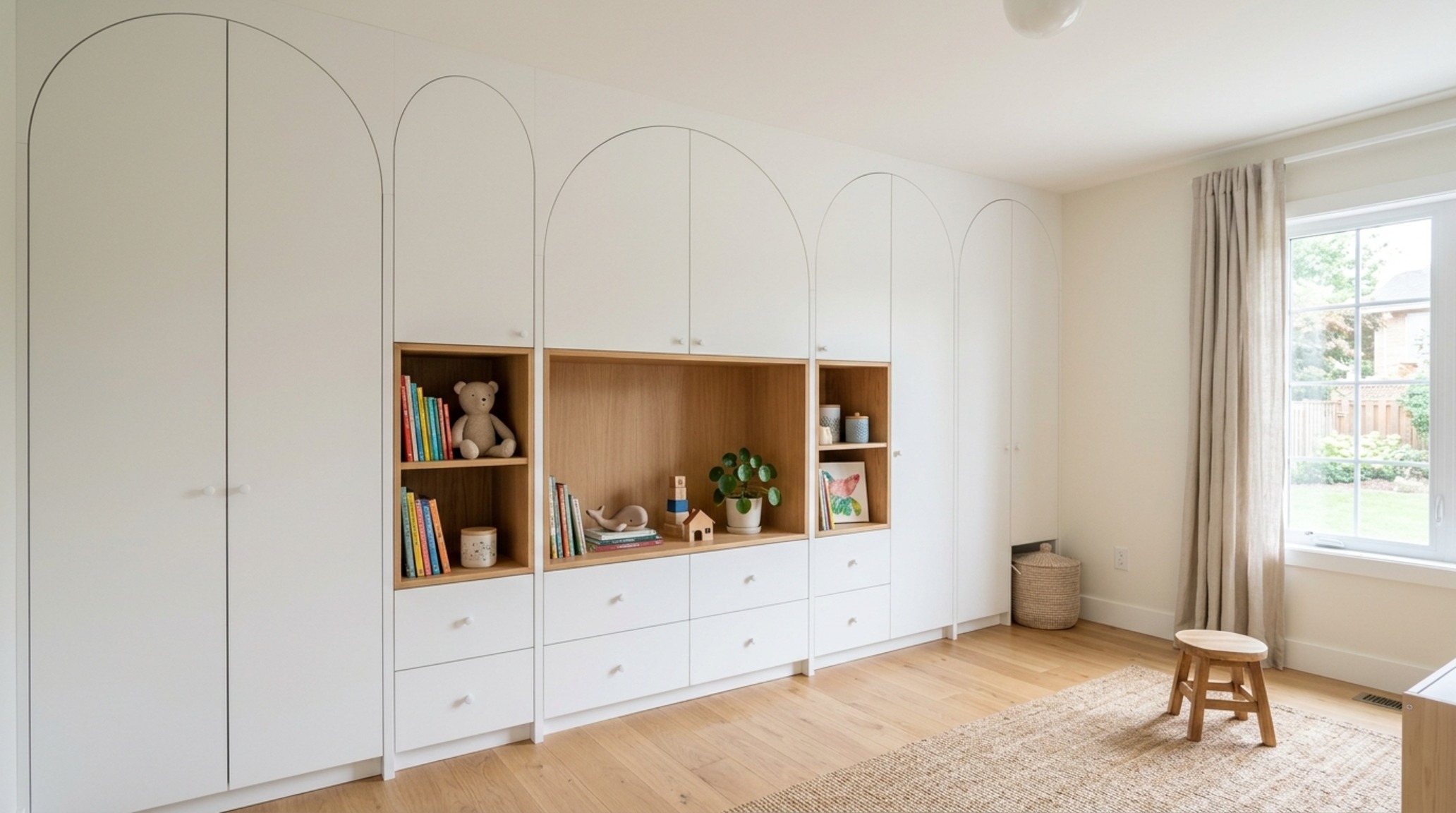 Built-in storage for children's rooms featuring arched millwork niches and concealed brass hardware for a minimalist organizational system.