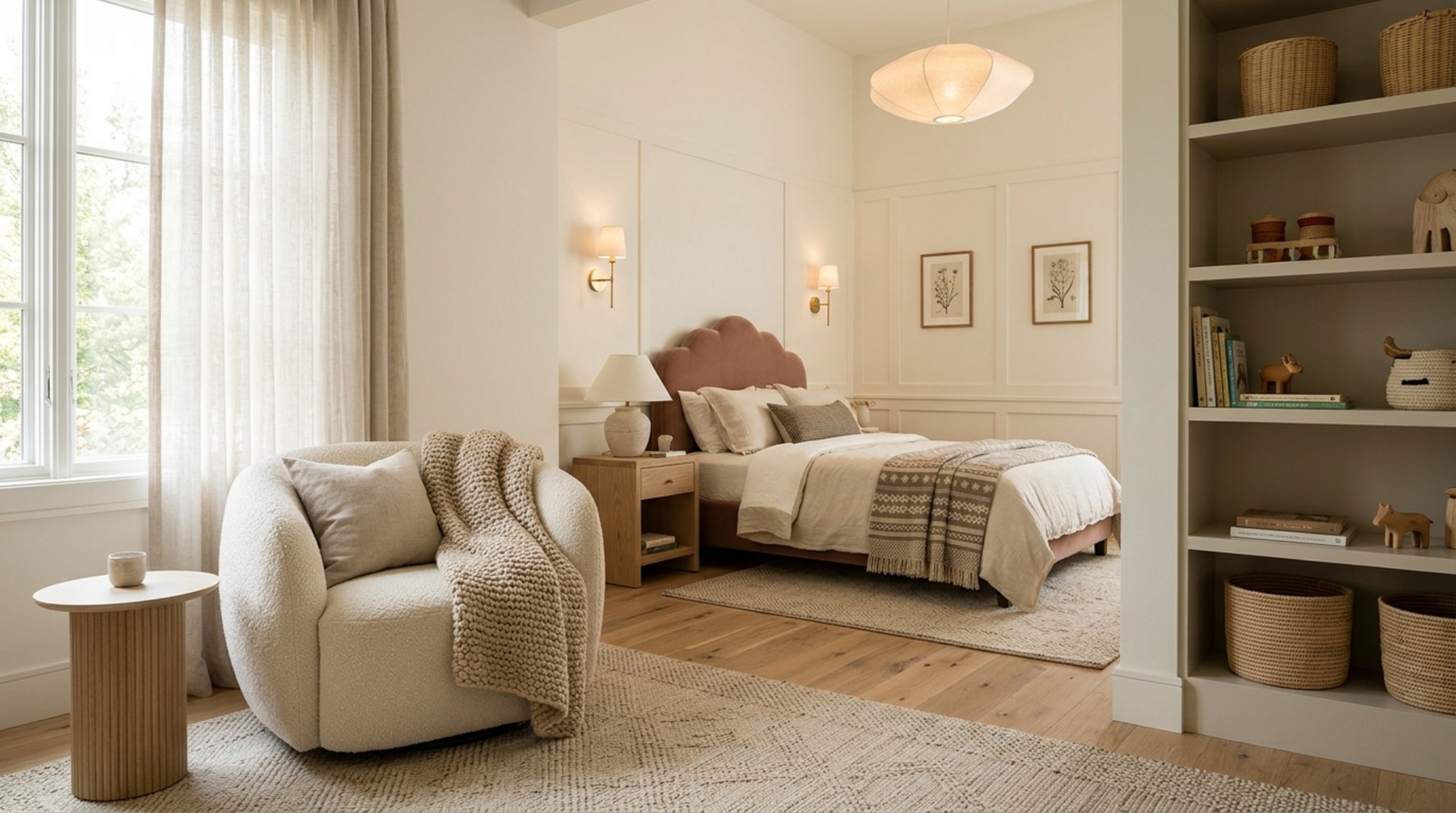 Kids bedroom ideas for girls exploring a monochromatic palette of warm taupes and creams with high-texture boucle seating.