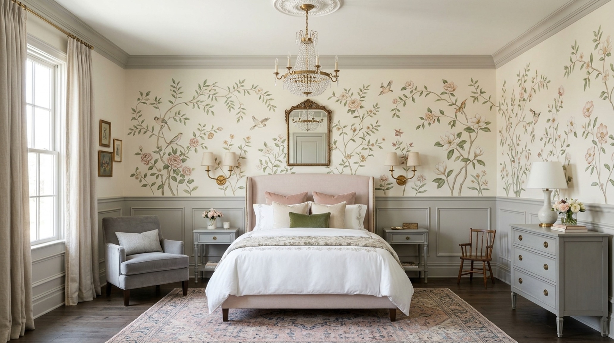 Modern whimsical wall treatments utilizing tonal wainscoting and delicate floral murals to create a sophisticated focal point.