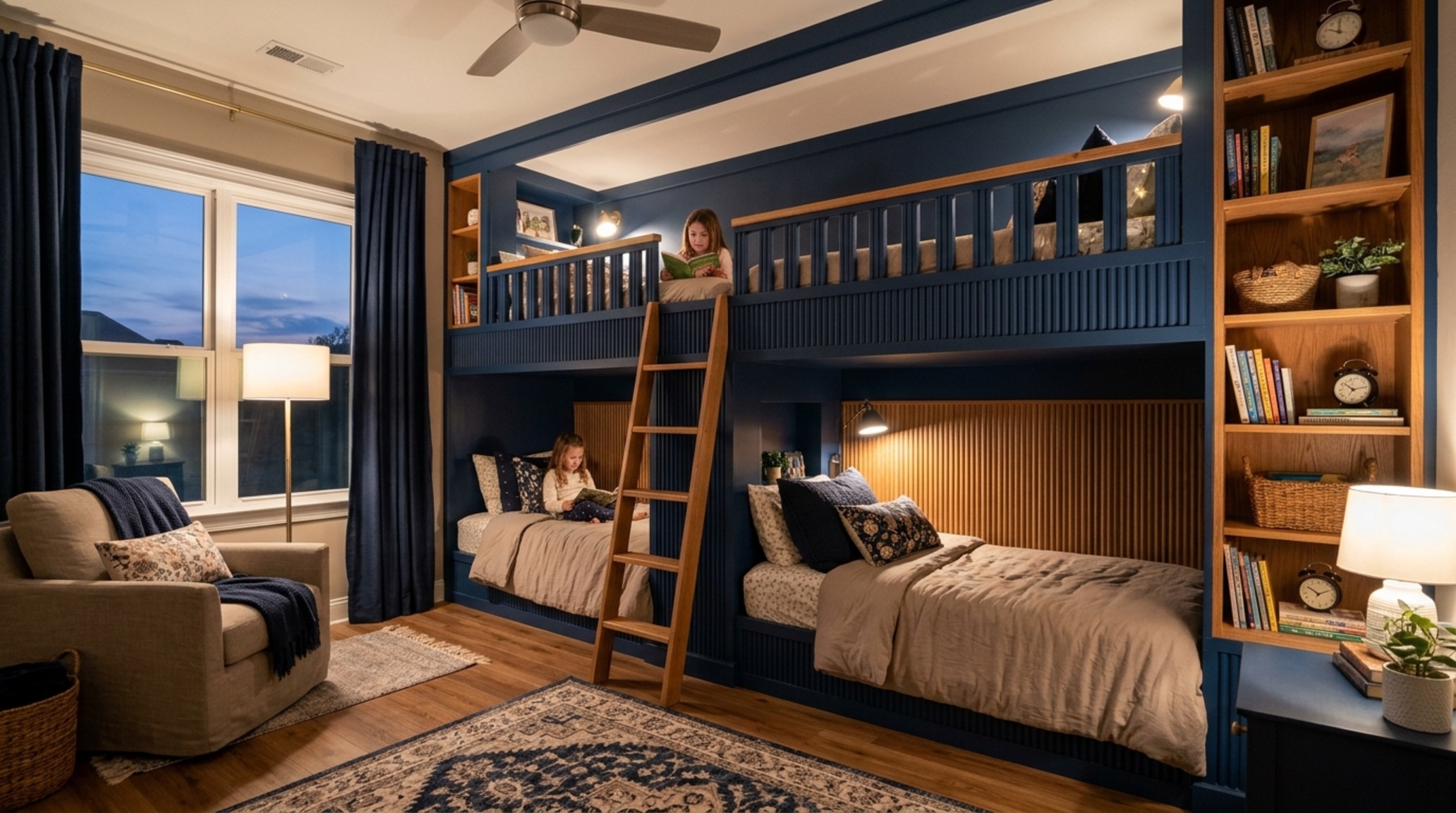 Shared bedroom solutions for sisters with bespoke bunk beds and private integrated reading lights for individual autonomy.
