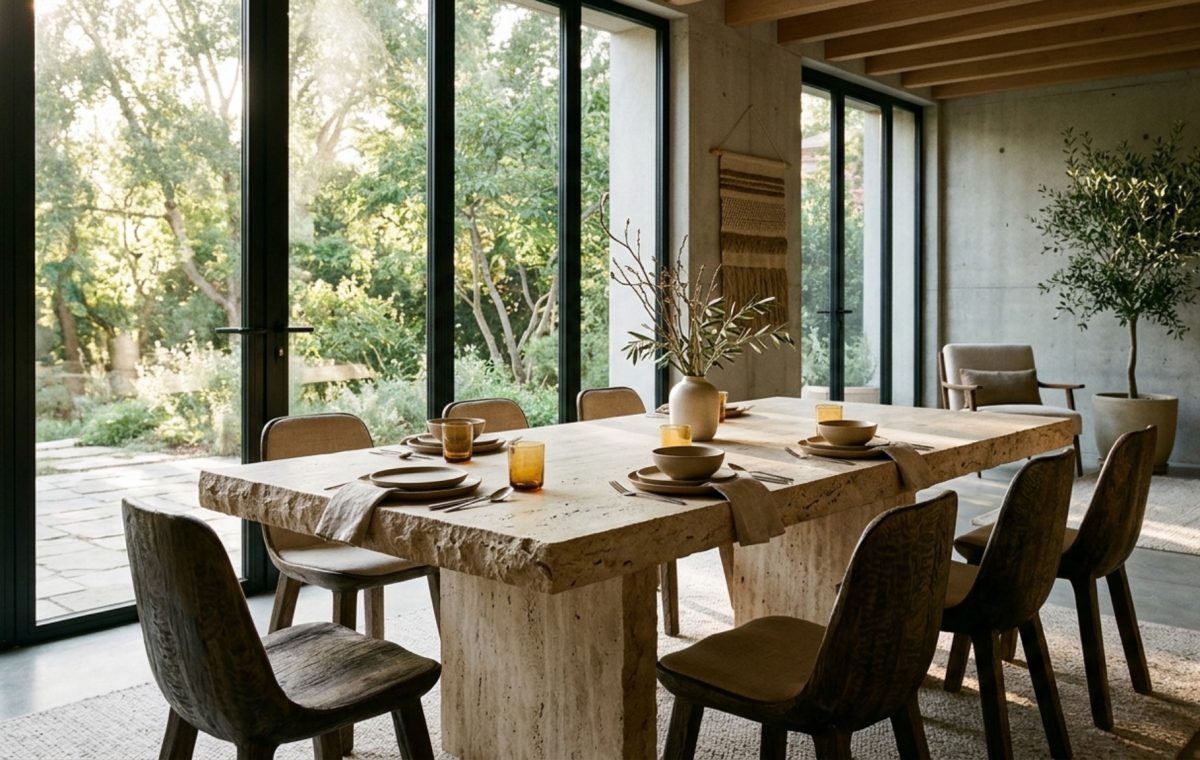Sculptural home decor featuring a monolithic travertine dining table with raw, unhoned edges and soft-curved velvet chairs in a sun-drenched minimalist dining room.