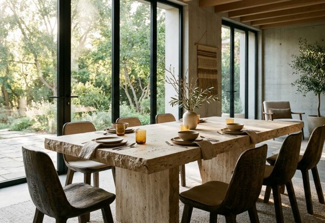 Sculptural home decor featuring a monolithic travertine dining table with raw, unhoned edges and soft-curved velvet chairs in a sun-drenched minimalist dining room.