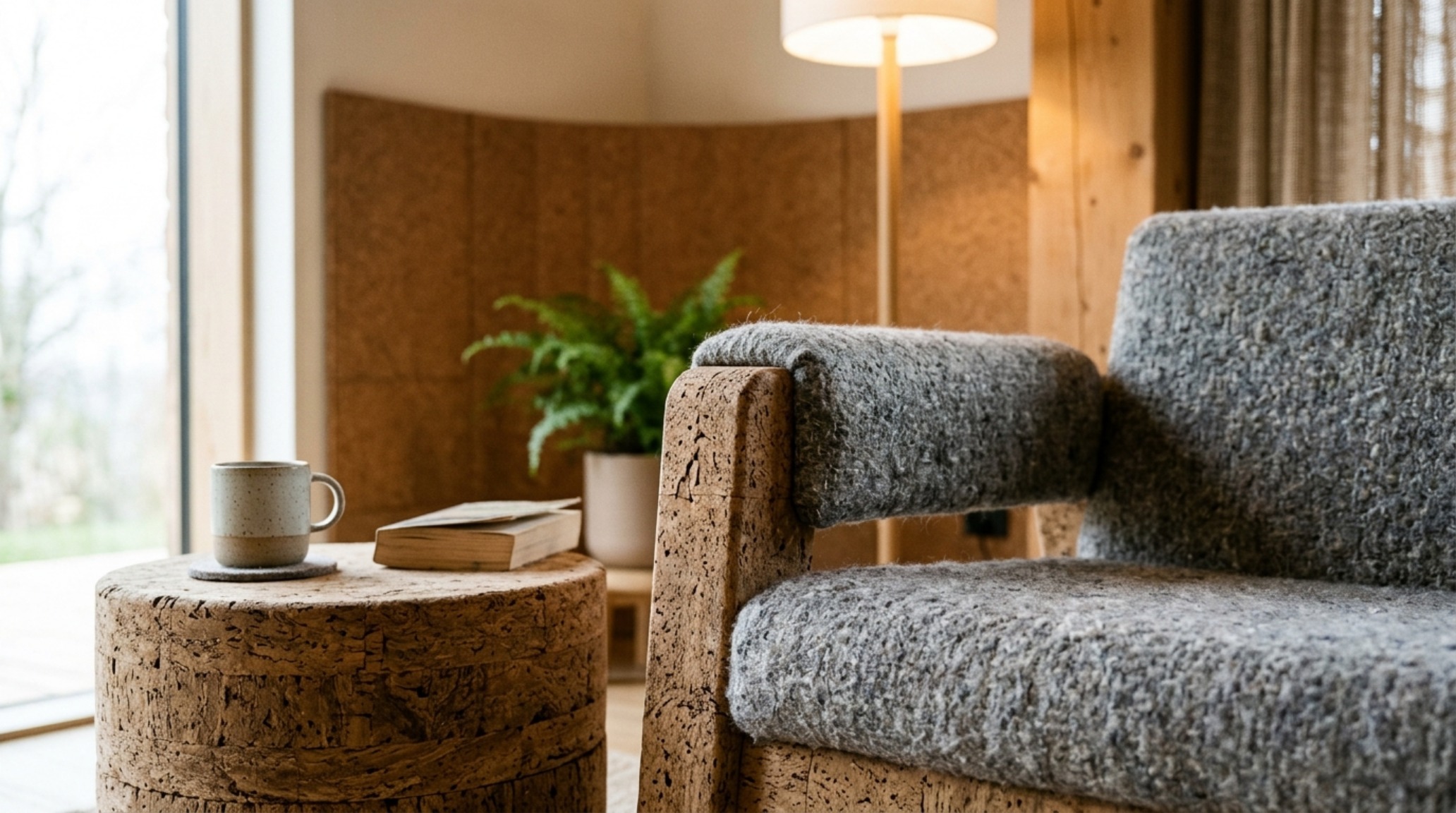 Eco-friendly furniture materials illustrated by a modular seating system crafted from recycled cork and organic hemp-linen upholstery in a bright, airy architectural space.