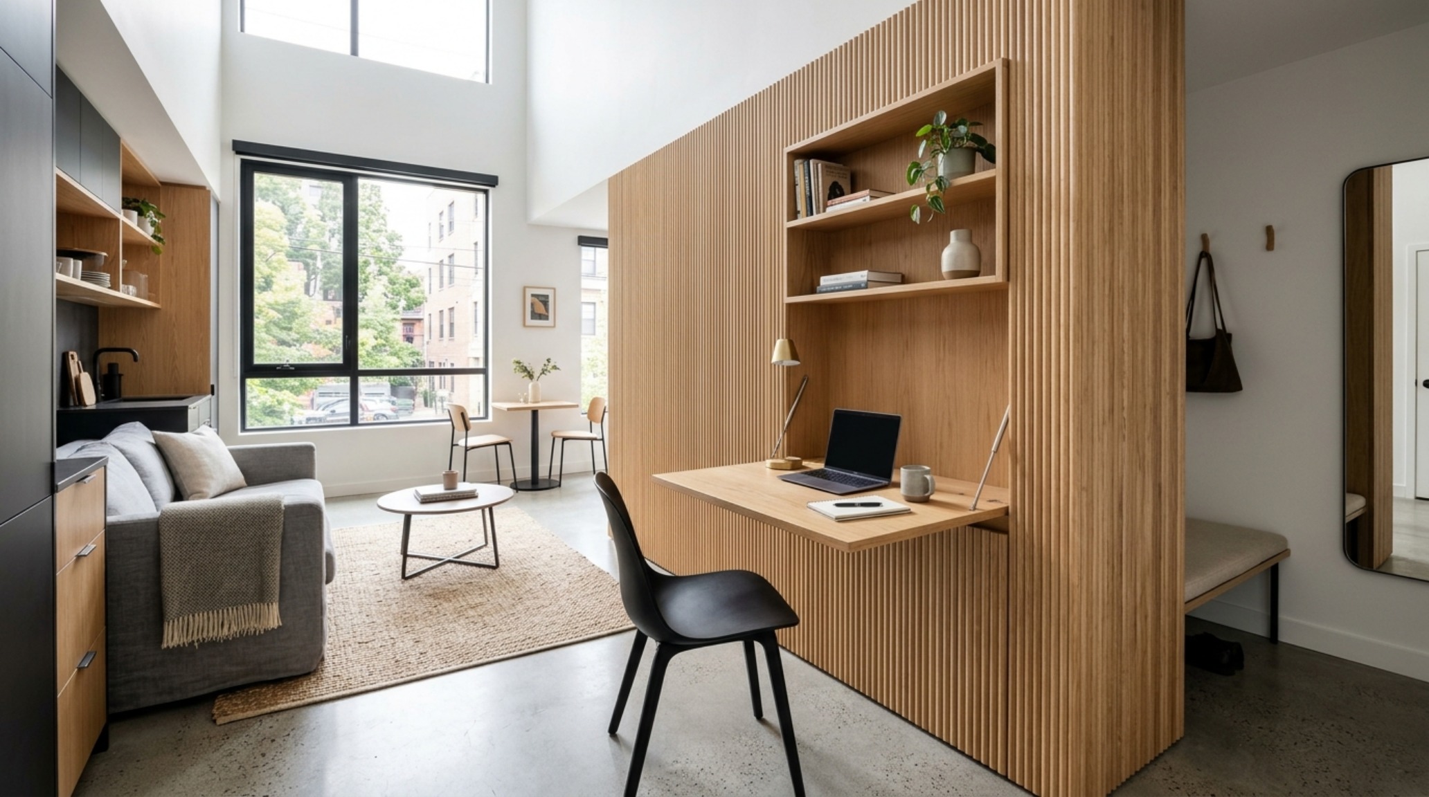 Multifunctional small space furniture highlighting a wall-mounted white oak desk that folds into a decorative fluted panel with integrated 3000K task lighting.