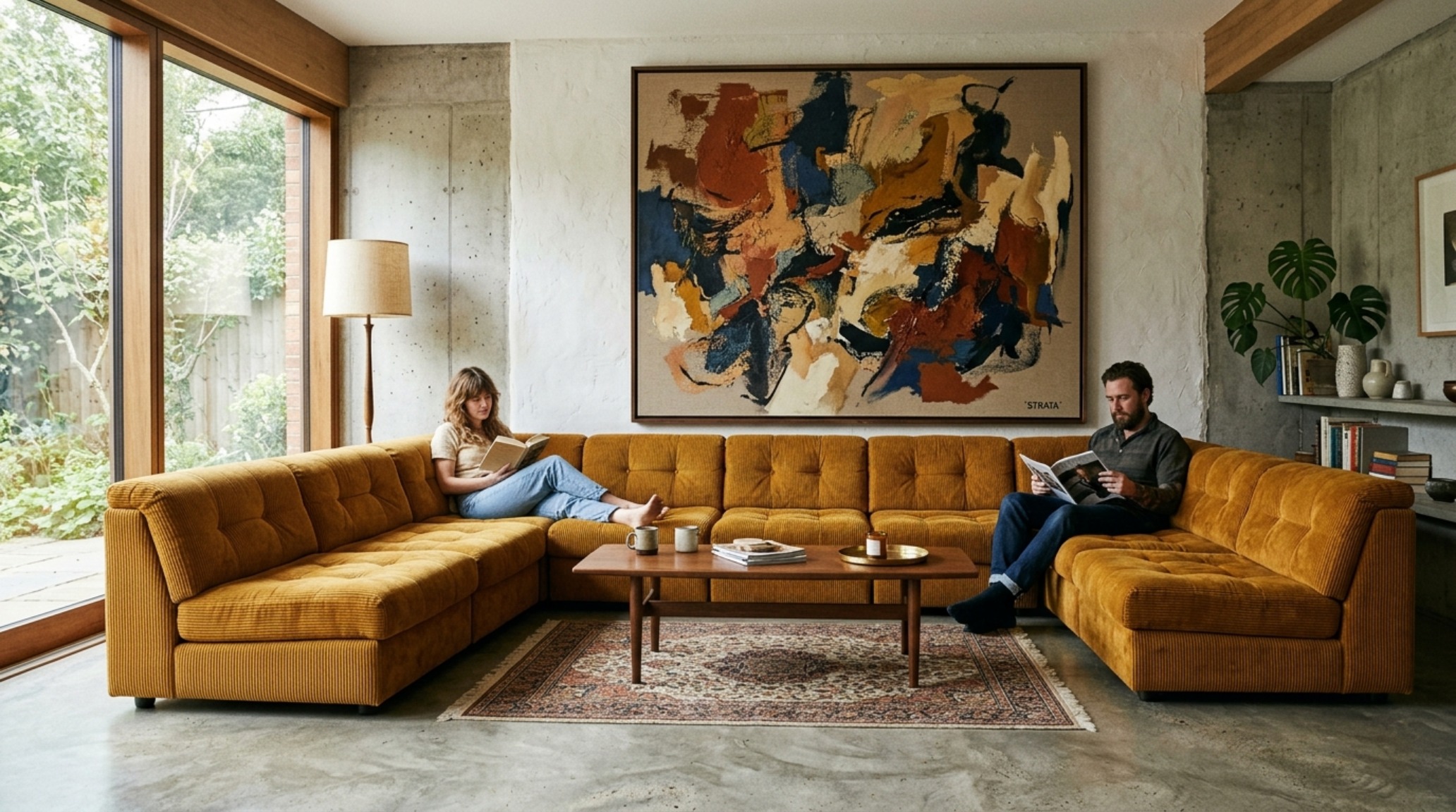 Retro-modern furniture revival depicting a low-slung 1970s style pit sofa in rust-colored corduroy paired with a contemporary brushed-steel coffee table.