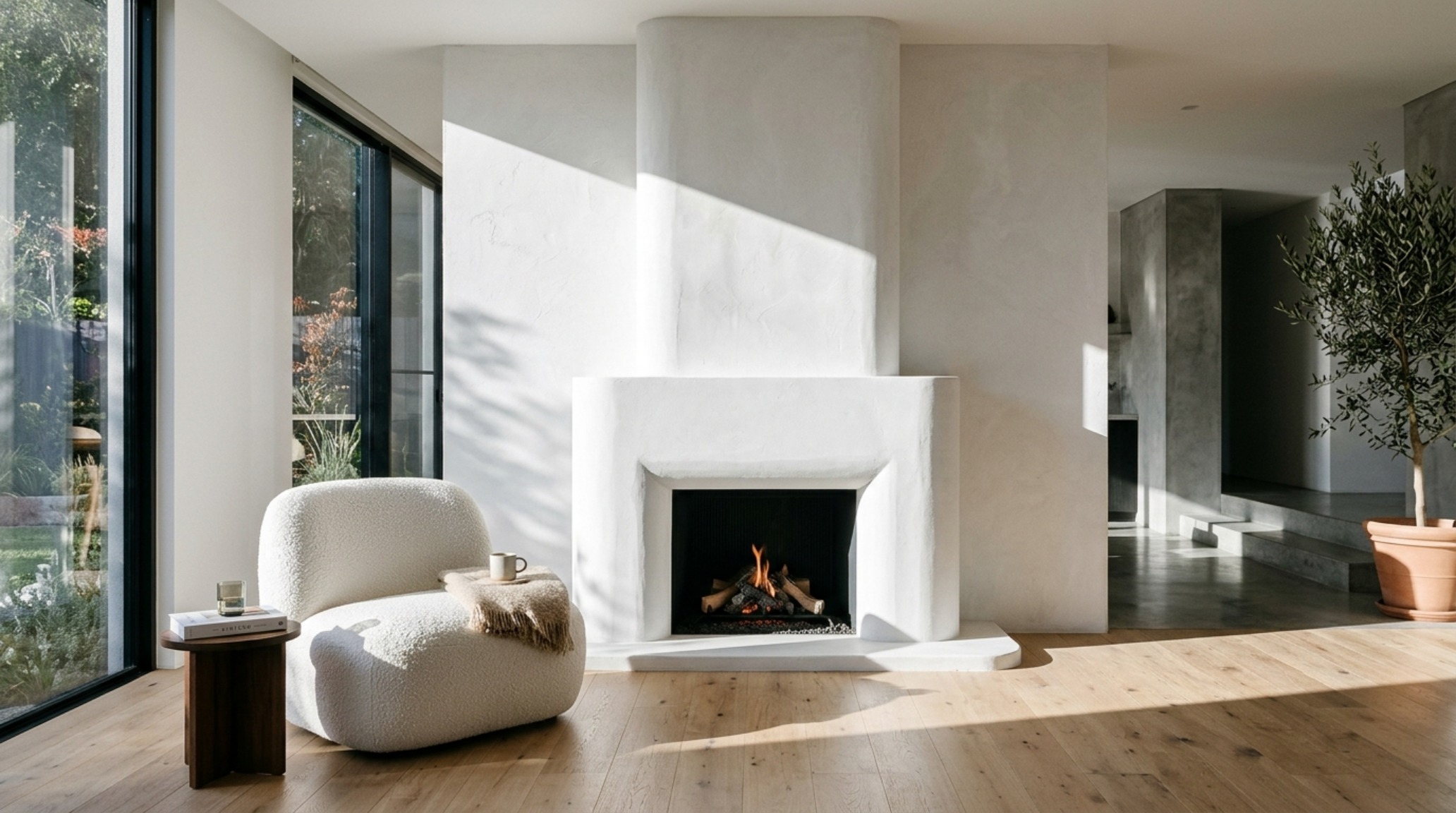 Sculptural home decor elements like a free-standing plaster fireplace surround and an asymmetrical boucle armchair in a high-CRI lighting environment.