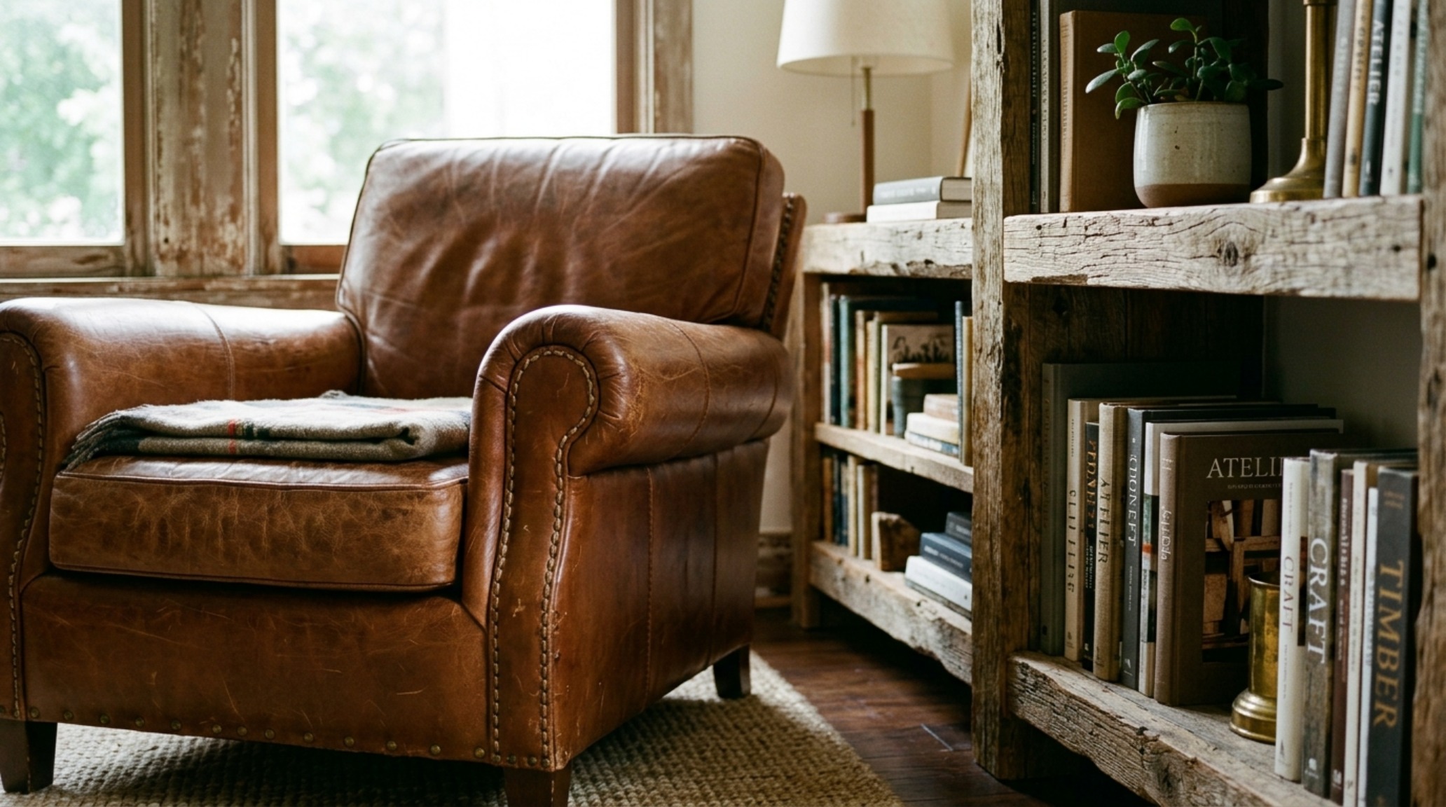 Eco-friendly furniture materials such as vegetable-tanned leather seating and reclaimed timber shelving units against a backdrop of lime-wash walls.