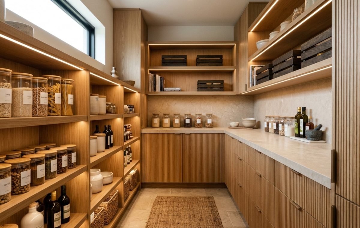 High-end pantry shelving systems in a walk-in space featuring fluted white oak cabinetry and warm integrated LED lighting highlighting glass jars.