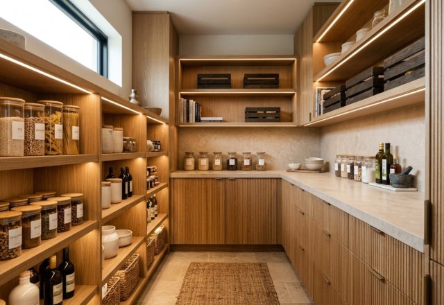 High-end pantry shelving systems in a walk-in space featuring fluted white oak cabinetry and warm integrated LED lighting highlighting glass jars.