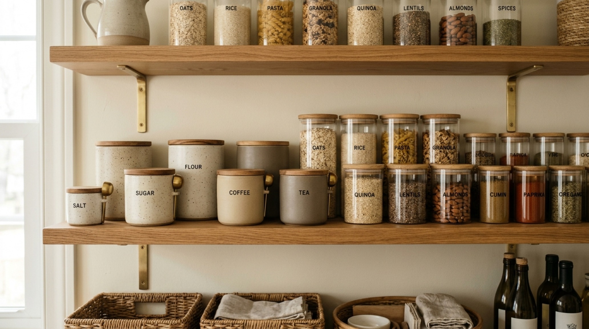 Small pantry shelves layout optimized with vertical hierarchy, placing artisanal ceramic canisters at eye level for ergonomic reach.
