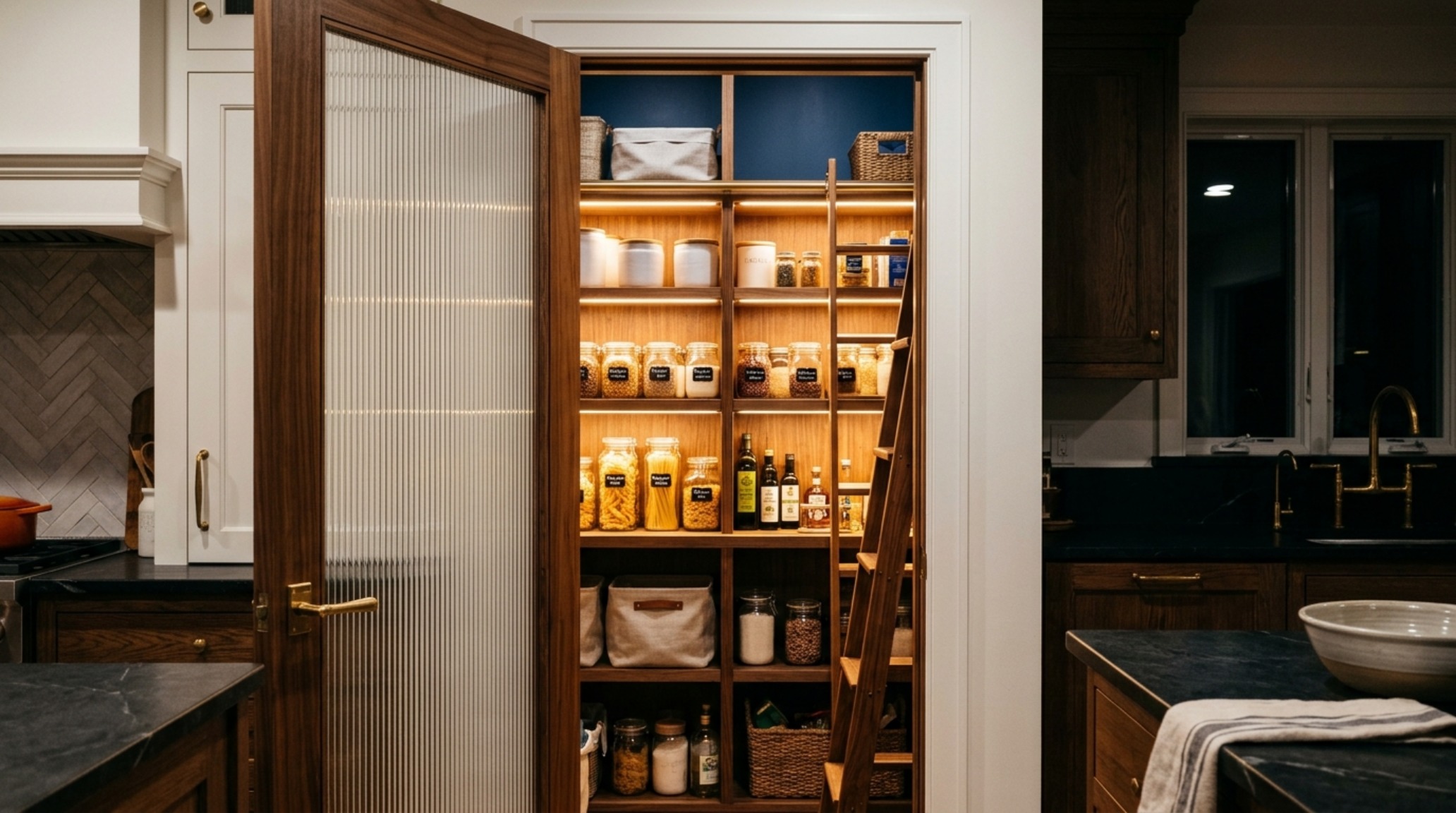 Editorial shot of organized dry goods in uniform glass jars with minimalist labels, demonstrating high-performance cabinet organization.