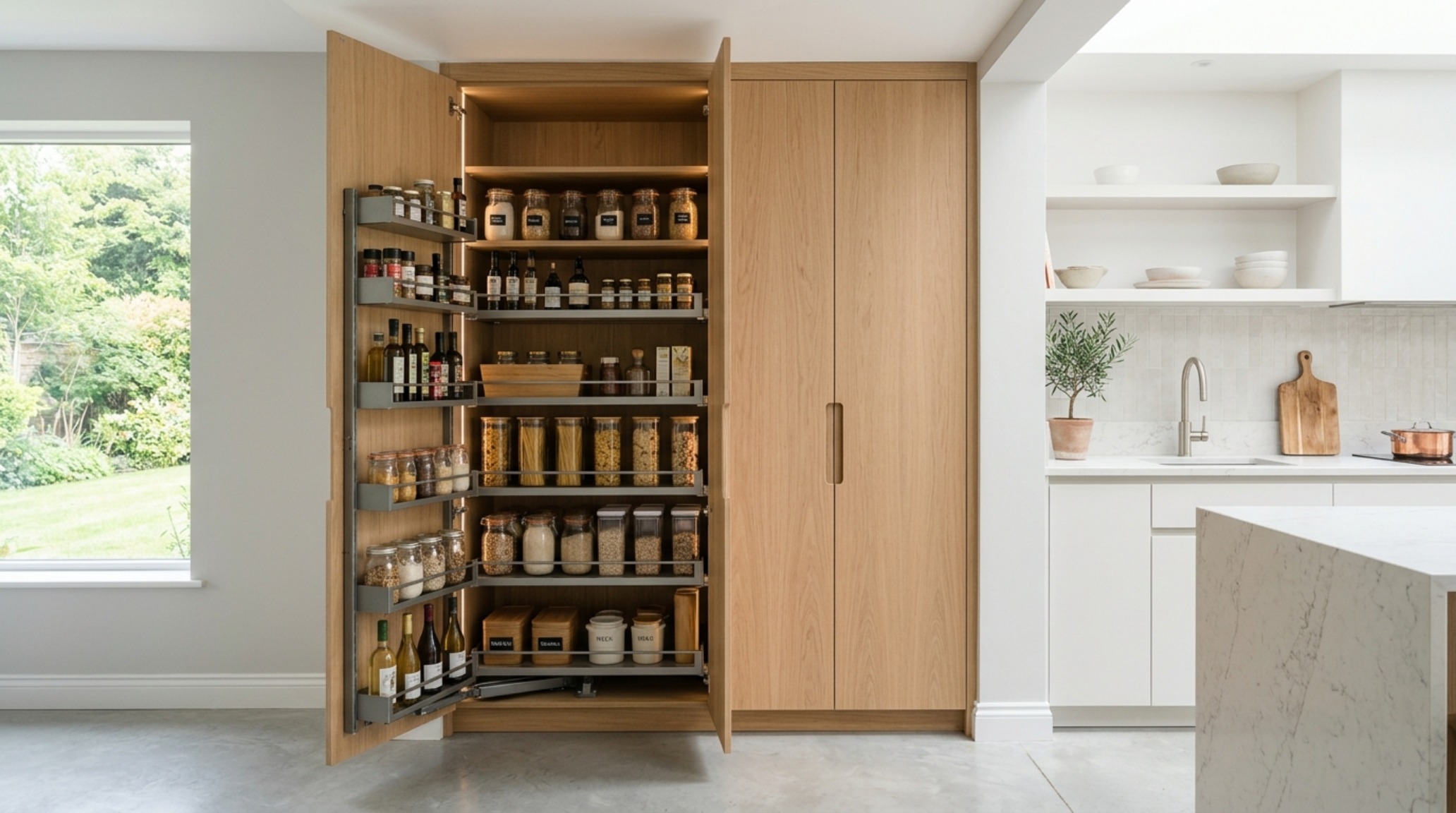A forward-looking architectural pantry concept featuring floor-to-ceiling oak larder units with integrated pull-out coffee stations.
