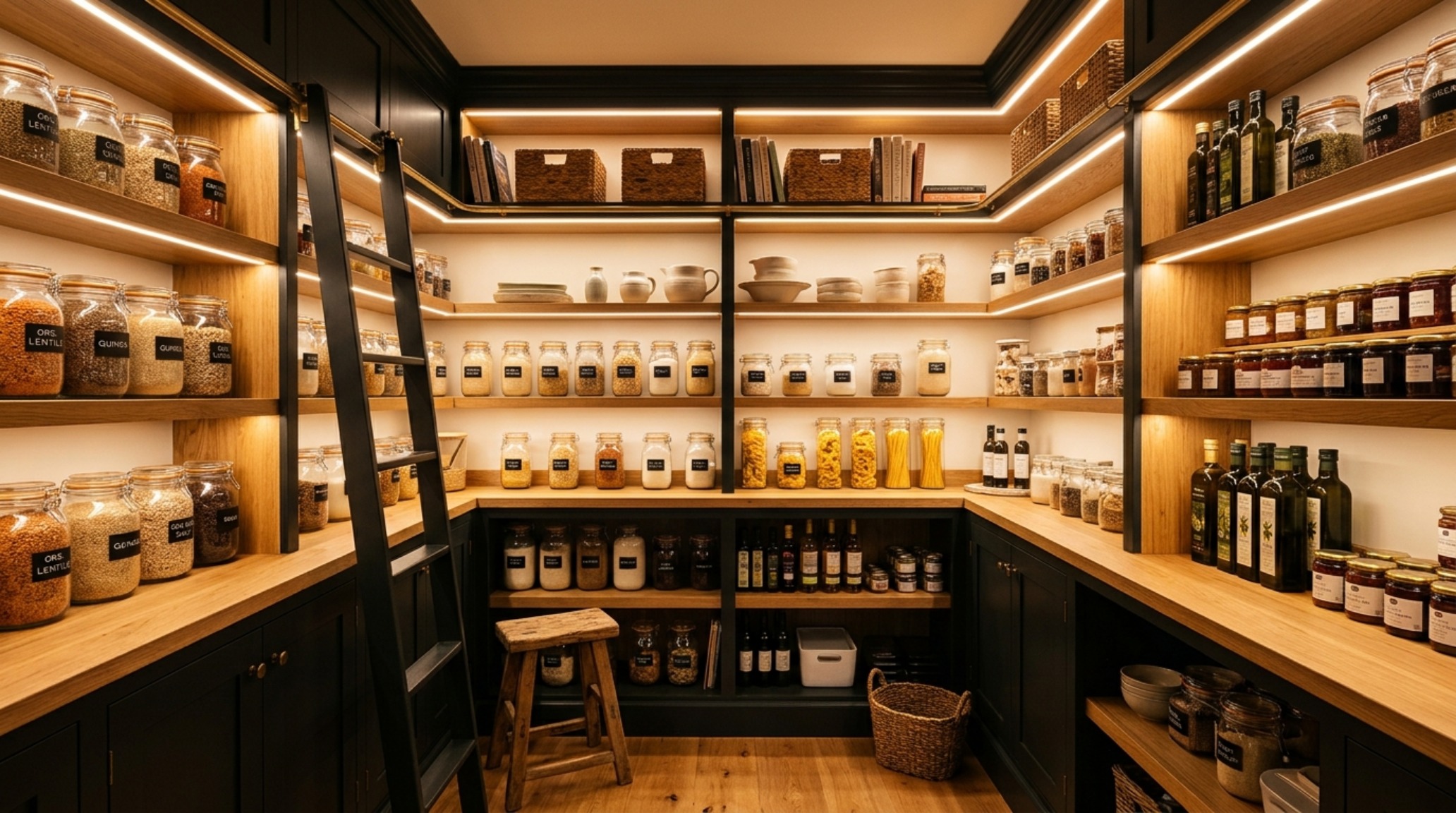 Warm 2700K LED ribbon lighting recessed into bespoke pantry shelving, creating a diffused glow and eliminating shadows in a storage area.