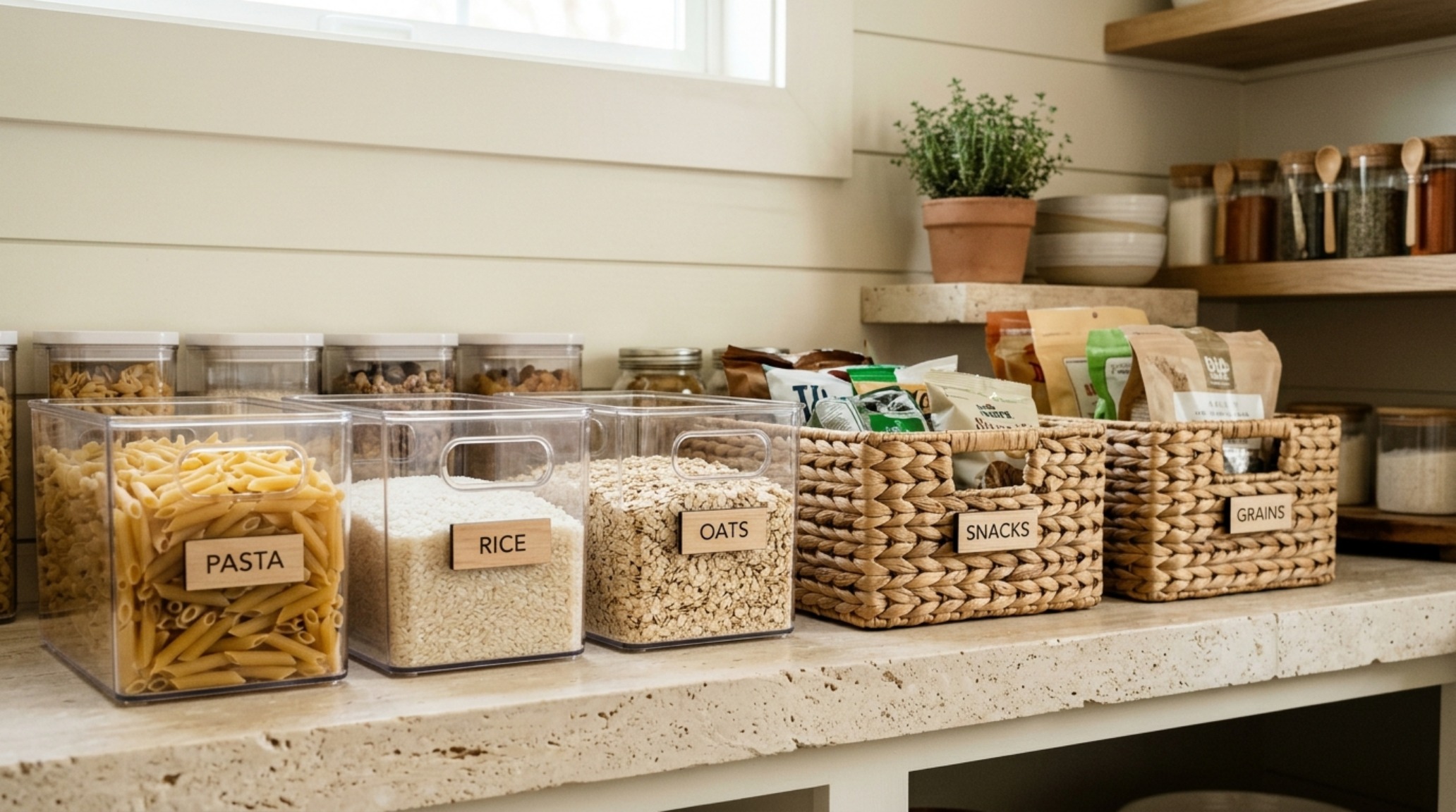 Sophisticated small pantry organization ideas using a mix of clear acrylic bins and hand-woven ash baskets on stone-topped counters.