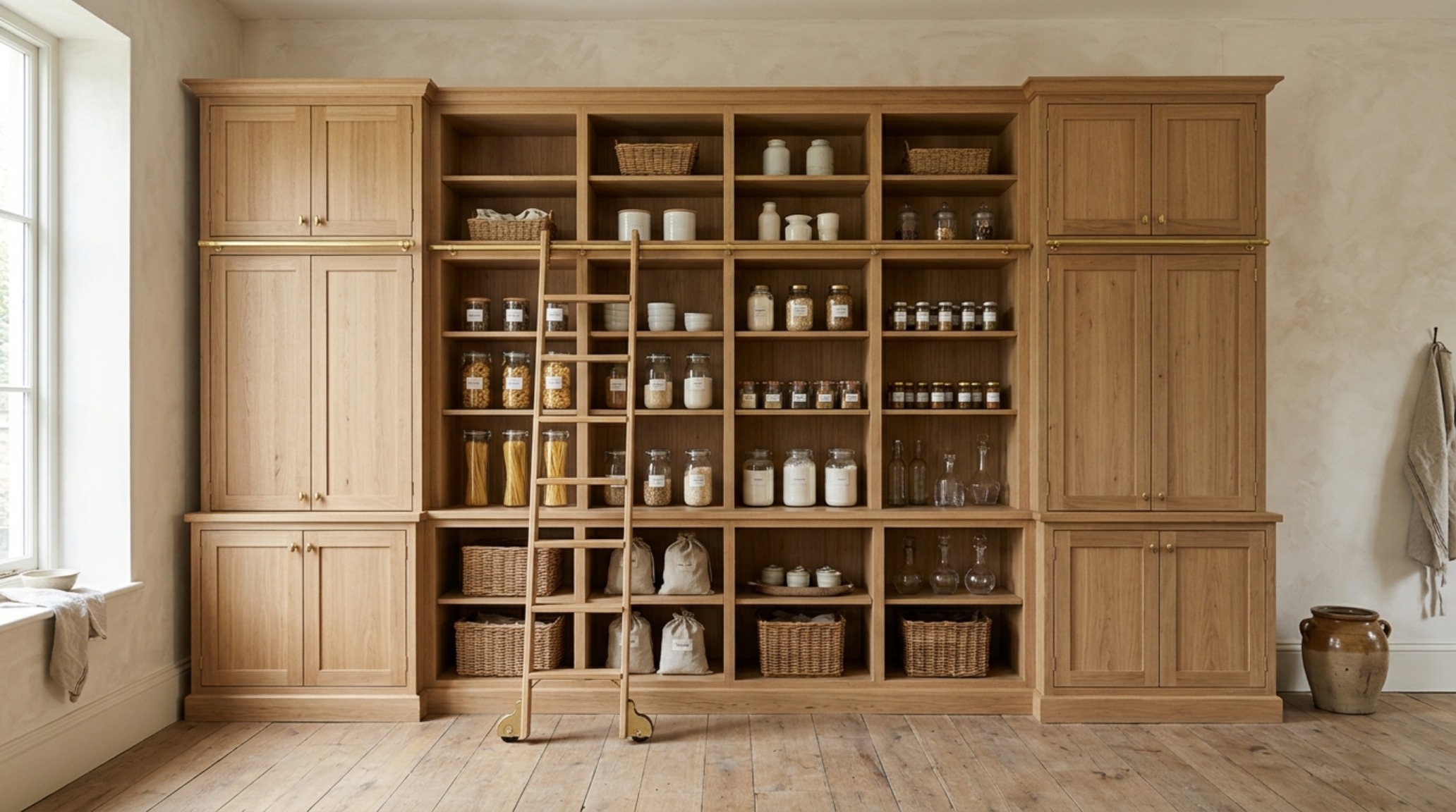 A symmetrical walk-in pantry with limewash walls in Farrow and Ball Setting Plaster and floor-to-ceiling custom shelving for kitchen storage solutions.