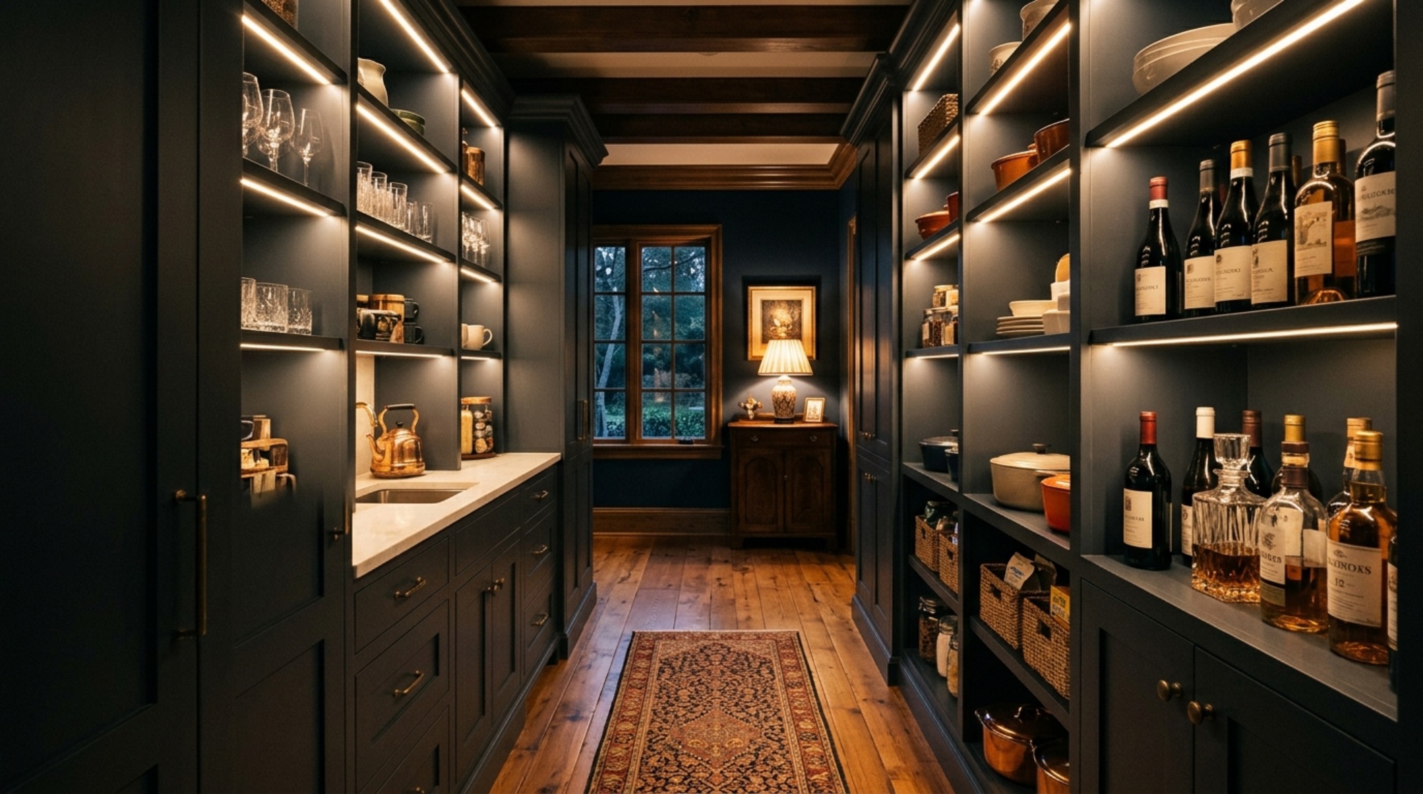 Detailed view of pantry shelving layout with a 15% negative space breathing room for a minimalist, high-end aesthetic.
