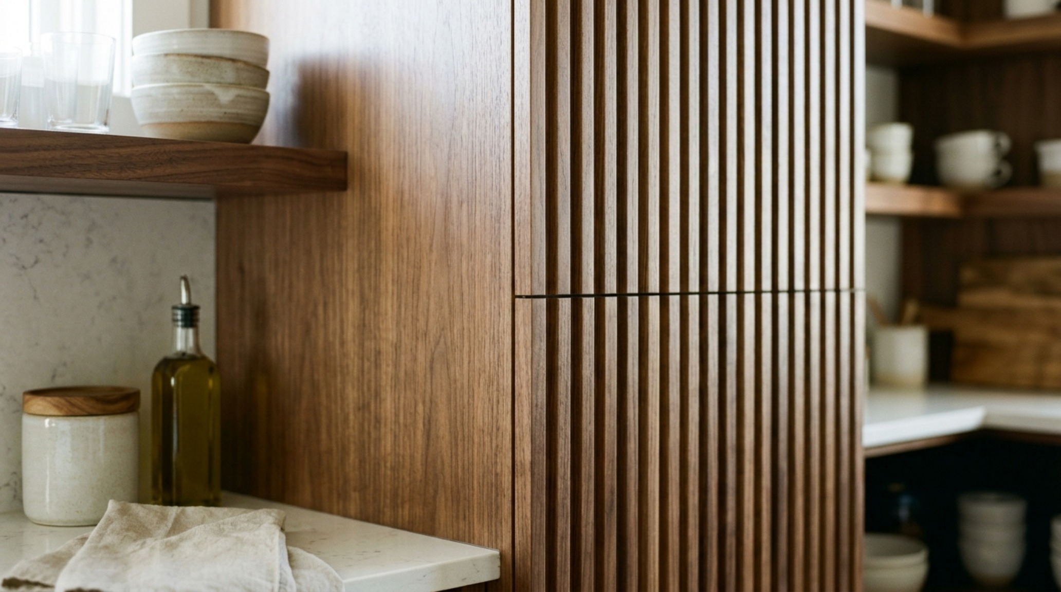 Corner view of a bespoke pantry showing the intersection of fluted wood panels and integrated brass lighting tracks for atmospheric depth.