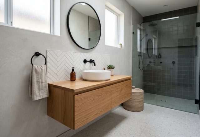 modern small bathroom design ideas on a budget ideas showing a wall-mounted white oak vanity with a stone vessel sink and matte black hardware
