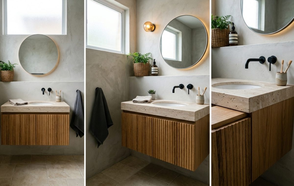 modern small bathroom solutions ideas featuring a floating white oak vanity with a honed travertine vessel sink and matte black wall-mounted faucet set against 2700K soft lighting.
