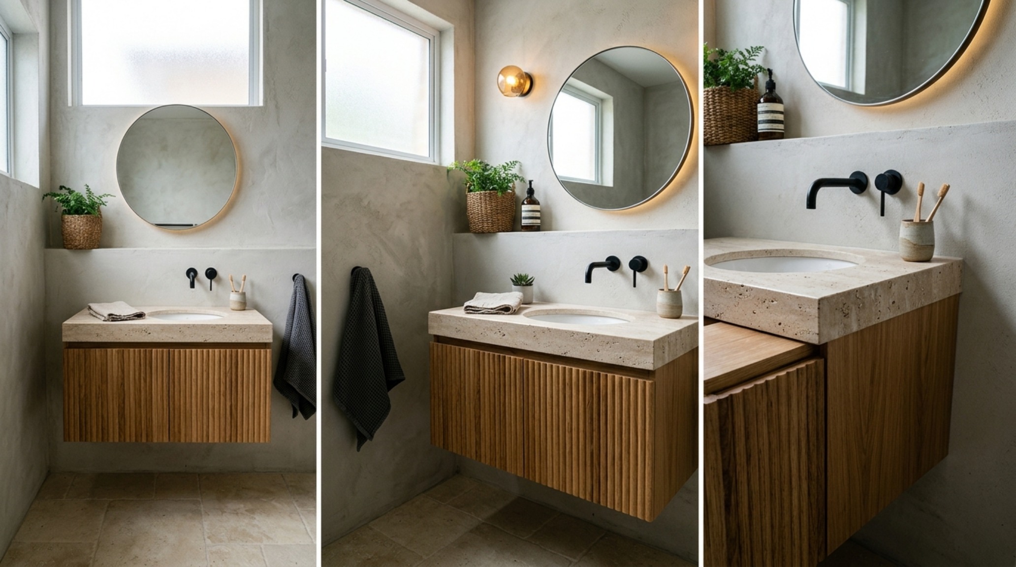 modern small bathroom solutions ideas featuring a floating white oak vanity with a honed travertine vessel sink and matte black wall-mounted faucet set against 2700K soft lighting. modern small bathroom solutions ideas featuring a floating white oak vanity with a honed travertine vessel sink and matte black wall-mounted faucet set against 2700K soft lighting.