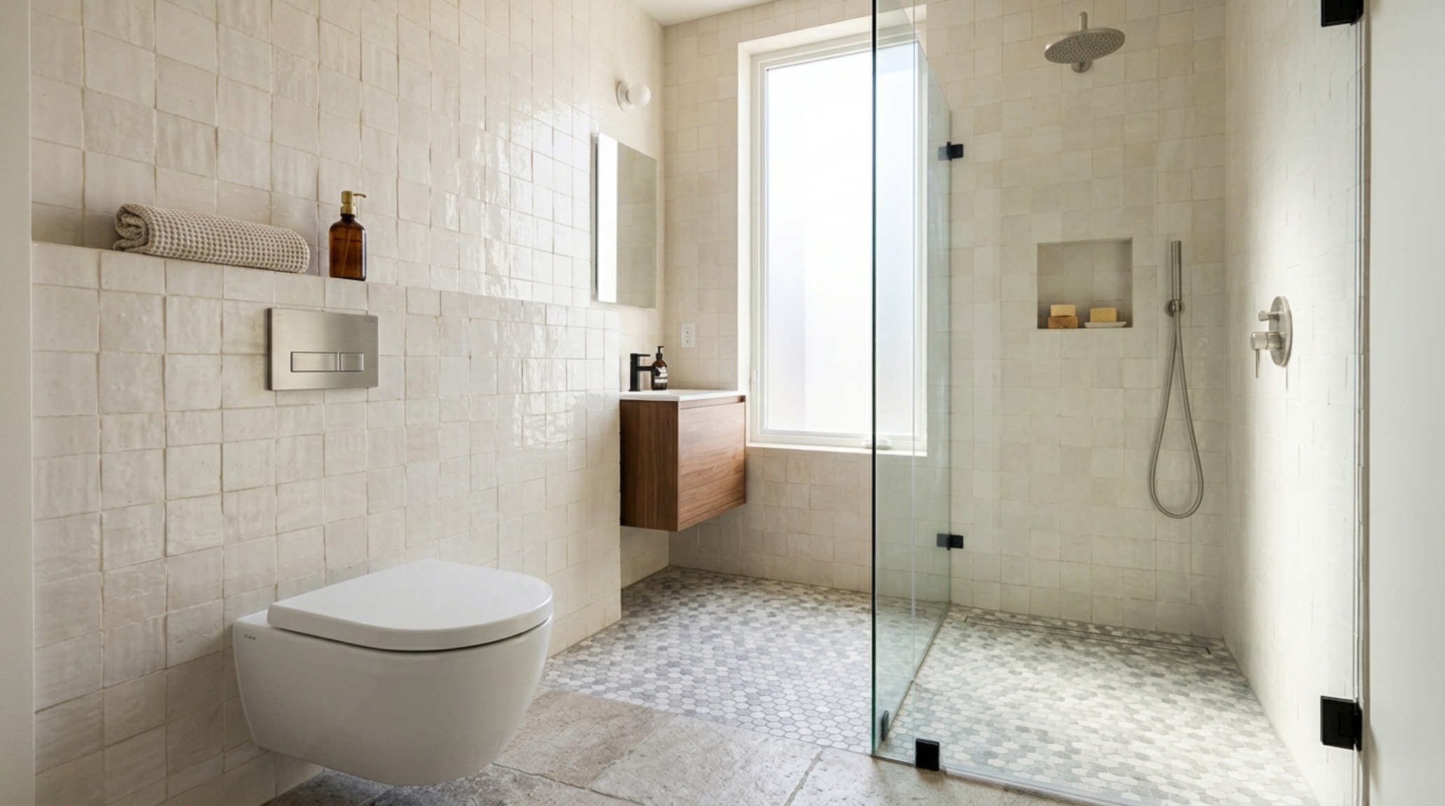 small space small bathroom solutions showcasing a wall-hung toilet and a seamless wet room floor with hand-pressed Zellige tiles in a soft taupe palette. small space small bathroom solutions showcasing a wall-hung toilet and a seamless wet room floor with hand-pressed Zellige tiles in a soft taupe palette.