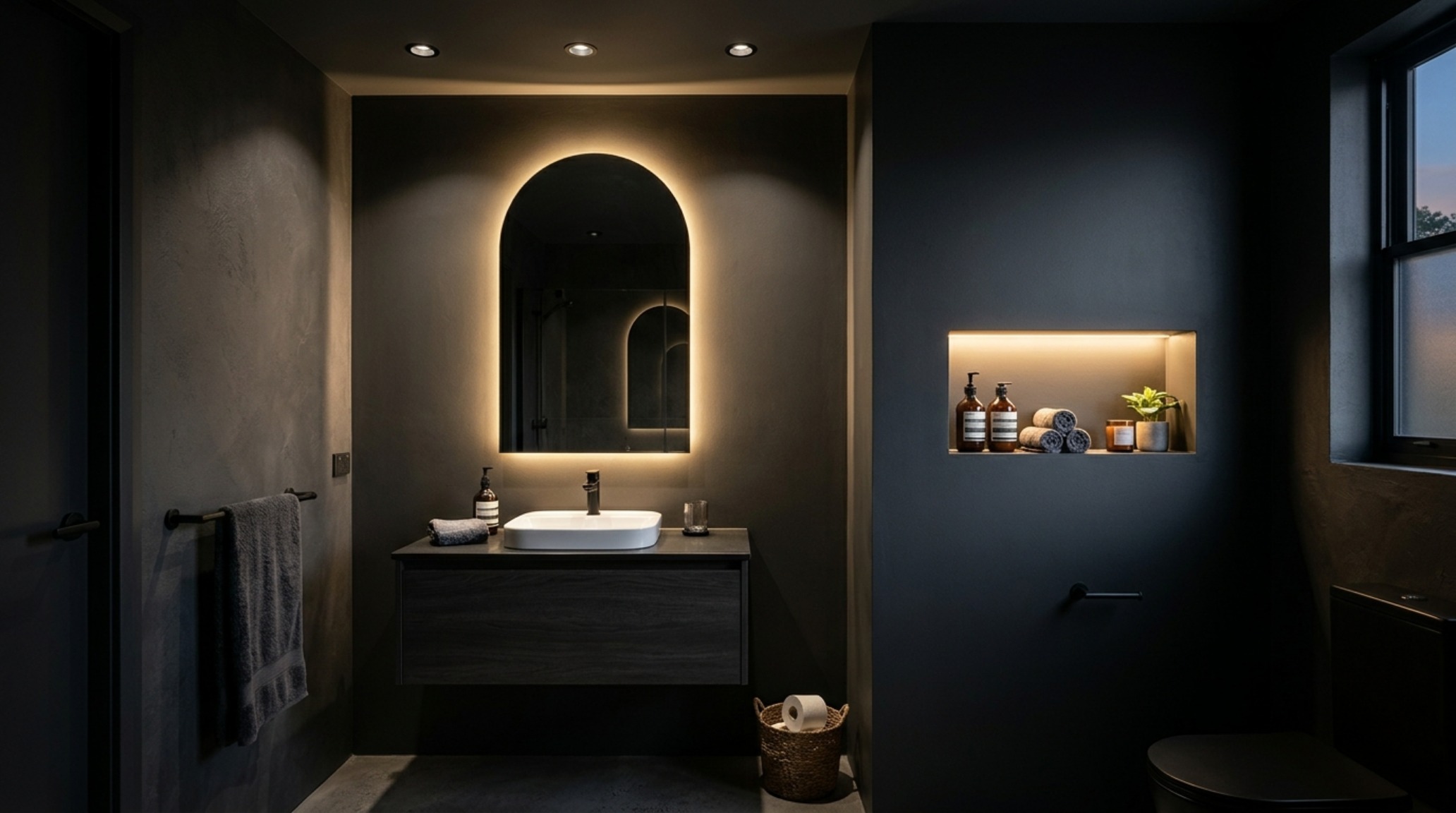 small bathroom solutions lighting guide illustrating recessed LED niches and a backlit arched mirror providing 3000K task illumination in a minimalist ensuite. small bathroom solutions lighting guide illustrating recessed LED niches and a backlit arched mirror providing 3000K task illumination in a minimalist ensuite.