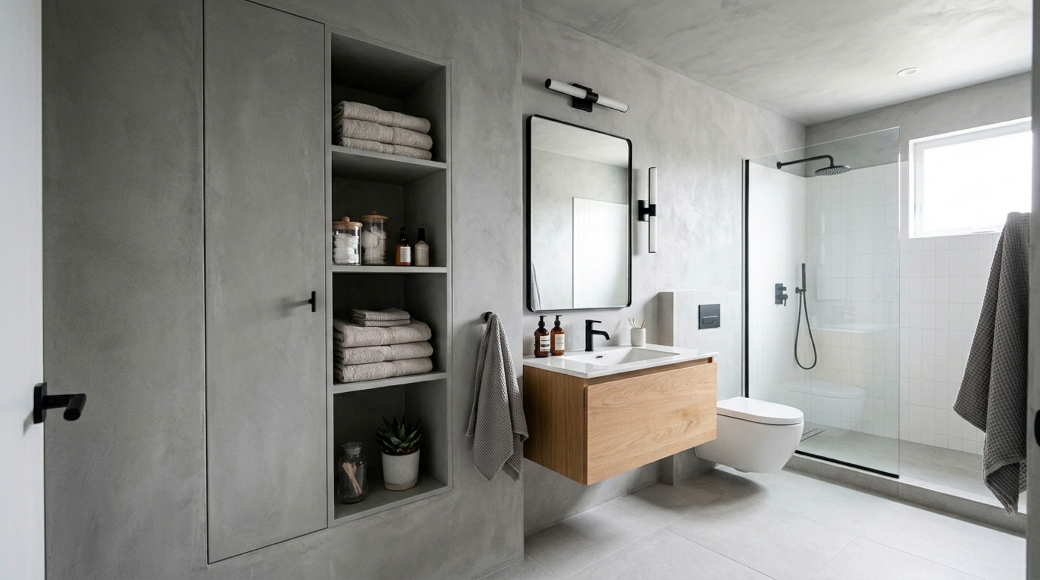 modern small bathroom solutions ideas with a custom pocket door and floor-to-ceiling built-in storage finished in Benjamin Moore Swiss Coffee. modern small bathroom solutions ideas with a custom pocket door and floor-to-ceiling built-in storage finished in Benjamin Moore Swiss Coffee.