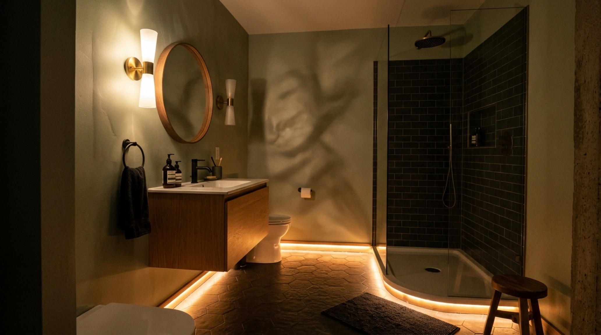 small bathroom solutions lighting guide showing the balance between natural skylight diffusion and 2700K ambient peripheral lighting in a compact layout. small bathroom solutions lighting guide showing the balance between natural skylight diffusion and 2700K ambient peripheral lighting in a compact layout.