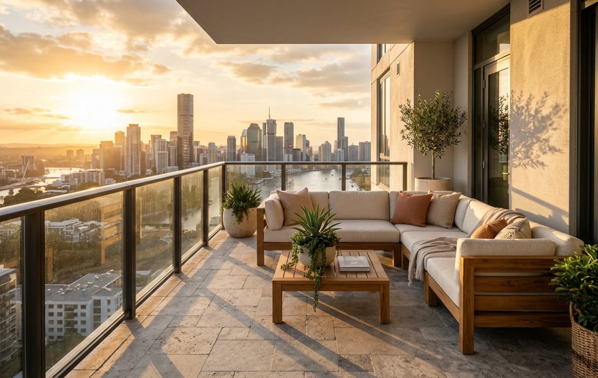 A wide-angle hero shot of a luxury high-rise balcony at dusk, featuring silver travertine flagstone flooring and a view of the city skyline.